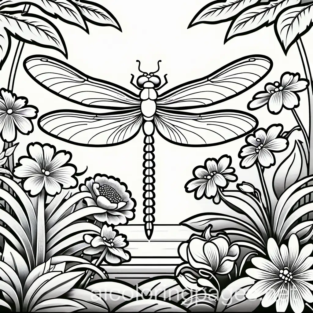 Dragon fly in garden , Coloring Page, black and white, line art, white background, Simplicity, Ample White Space. The background of the coloring page is plain white to make it easy for young children to color within the lines. The outlines of all the subjects are easy to distinguish, making it simple for kids to color without too much difficulty