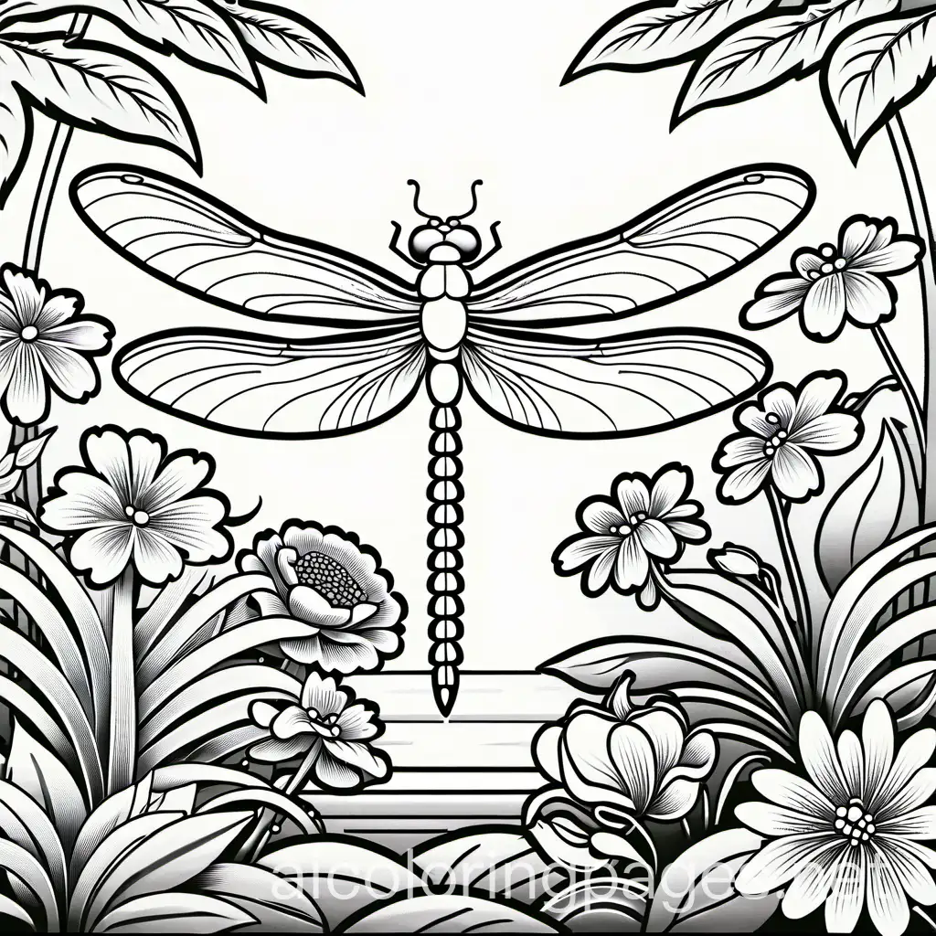 Dragon fly in garden
, Coloring Page, black and white, line art, white background, Simplicity, Ample White Space. The background of the coloring page is plain white to make it easy for young children to color within the lines. The outlines of all the subjects are easy to distinguish, making it simple for kids to color without too much difficulty