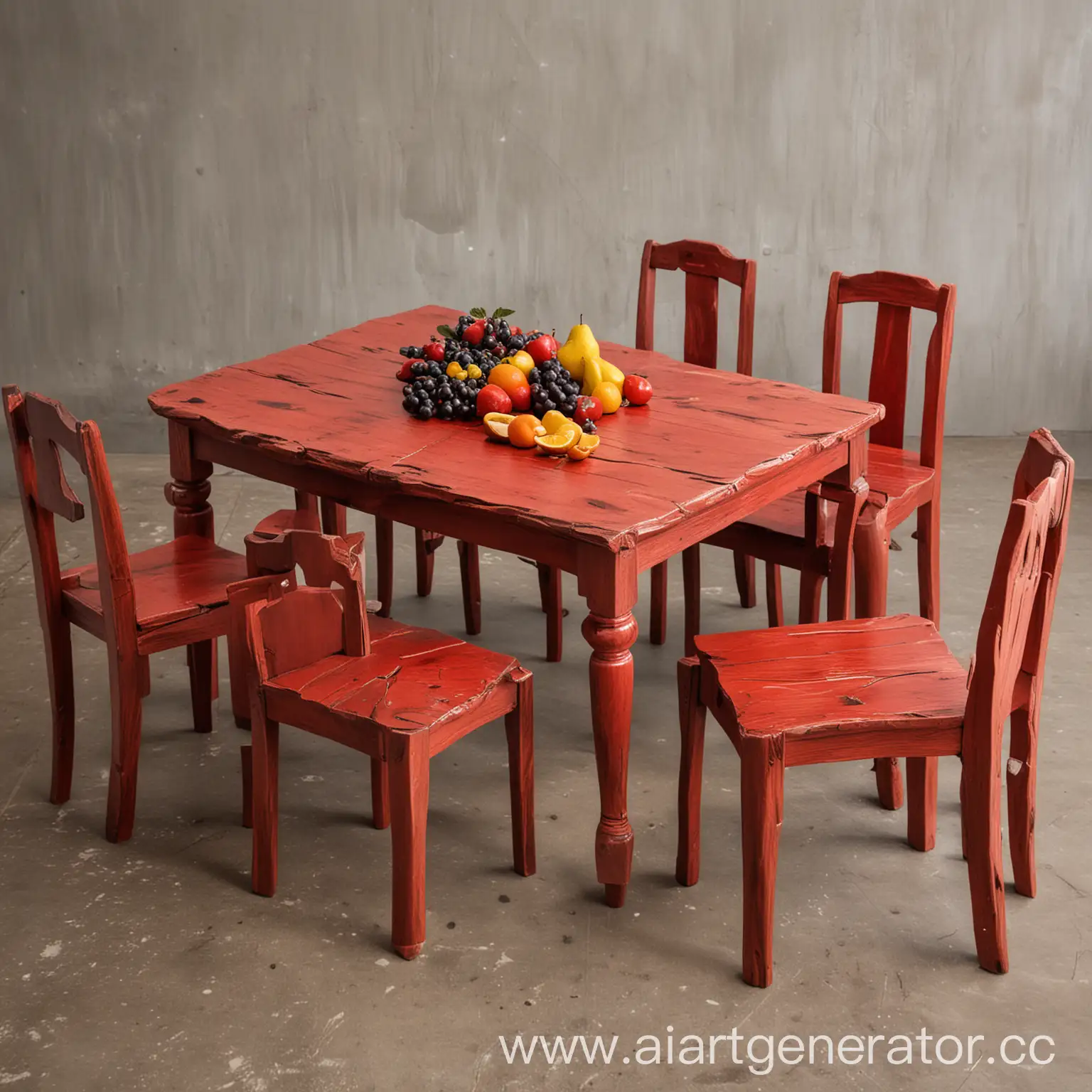 стол из красного дерева с шестью стульями и фруктами на столе