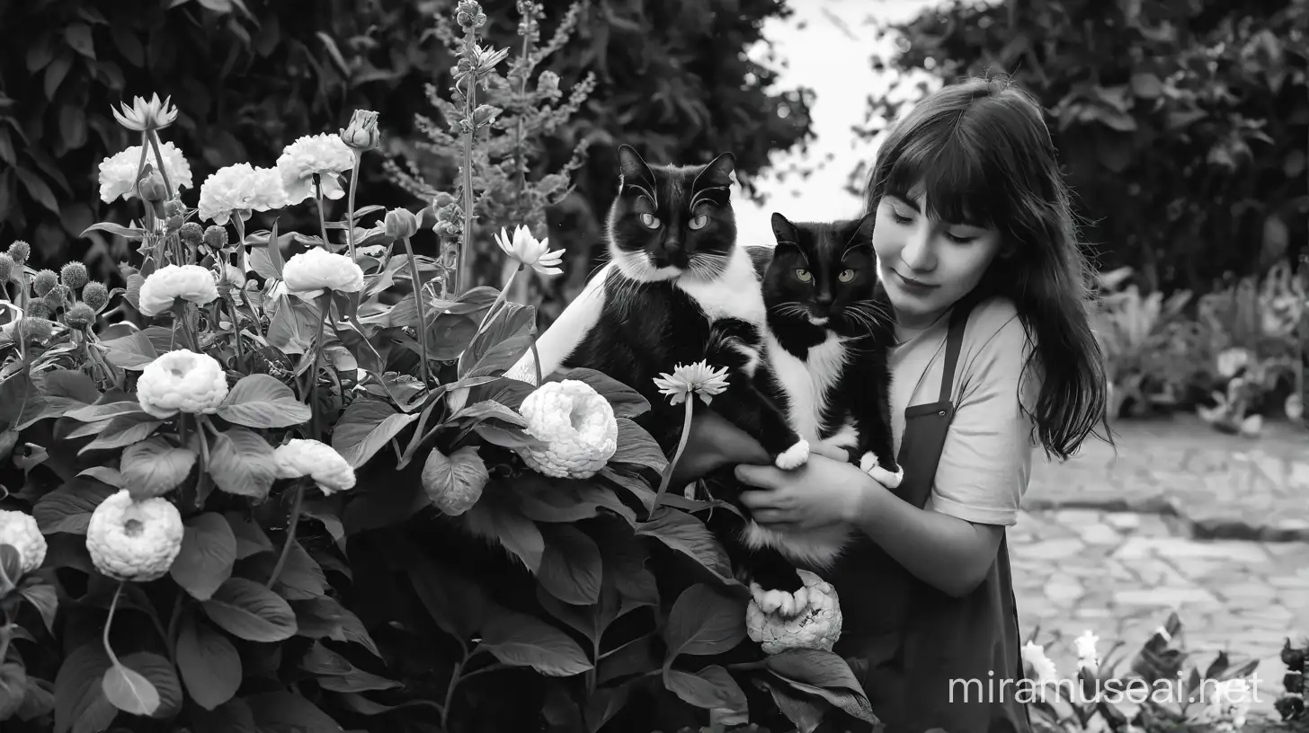 Girl with cat, garden, big flowers, colour, she is fondly holding the cat