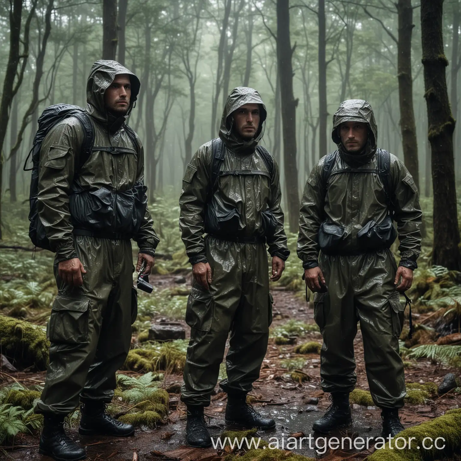 Трое мужчин в дождливую погоду в лесу на кемпинге, в тактических костюмах