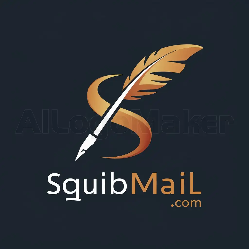a logo design,with the text "SquibMail.com", main symbol:The logo features a stylized quill pen forming the letter 'S' in a sleek and modern font. The quill pen is angled in a dynamic and energetic way, symbolizing communication and creativity. Below the quill pen, the text 'SquibMail.com' is written in a clean and legible font, emphasizing the brand name. The color scheme is a combination of deep dark blue and autumn orange, creating a sense of professionalism and energy. This combination also reflects the idea of traditional communication (represented by the quill pen) meeting modern technology (represented by the digital platform). Overall, the logo communicates the essence of SquibMail.com as a modern, innovative, and reliable email service.,Moderate,clear background