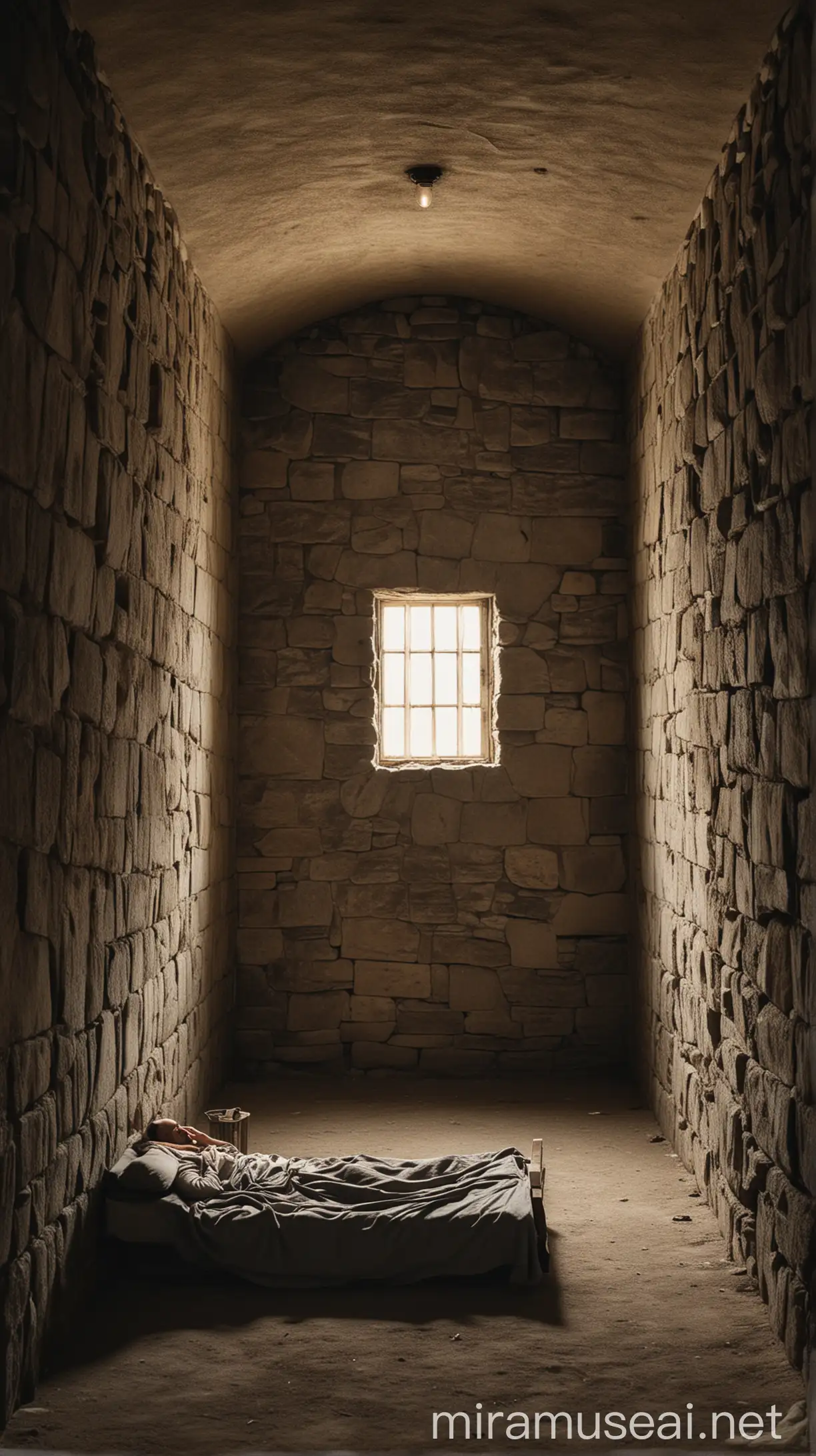 Prompt: "Jeremiah is confined in a small, dark room with stone walls, sitting or lying down in a weary posture. The room has sparse furnishings, indicating it as a prison cell. Light filters in through a small window."in ancient world 