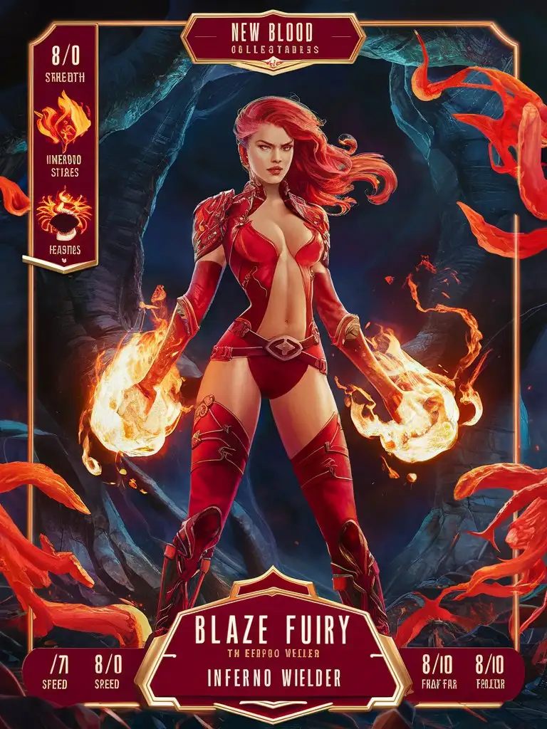  ### Card Design:
**New Blood Collectables**

*Blaze Fury, the Inferno Wielder*
Type: Pyrokin

| Stats | Rating |
| --- | --- |
| Strength | 8/10 |
| Speed | 7/10 |
| Intelligence | 6/10 |
| Fear Factor | 8/10 |

**Abilities:**
- Flame Strike: Launches powerful fireballs at enemies.
- Inferno Shield: Creates a shield of flames to protect herself and allies.
- Heatwave: Generates intense heat waves that disorient enemies.
- Phoenix Rebirth: Resurrects herself from flames when critically injured.

**Description:**
Blaze Fury is a fierce warrior who wields the power of fire to incinerate her enemies and protect the innocent.