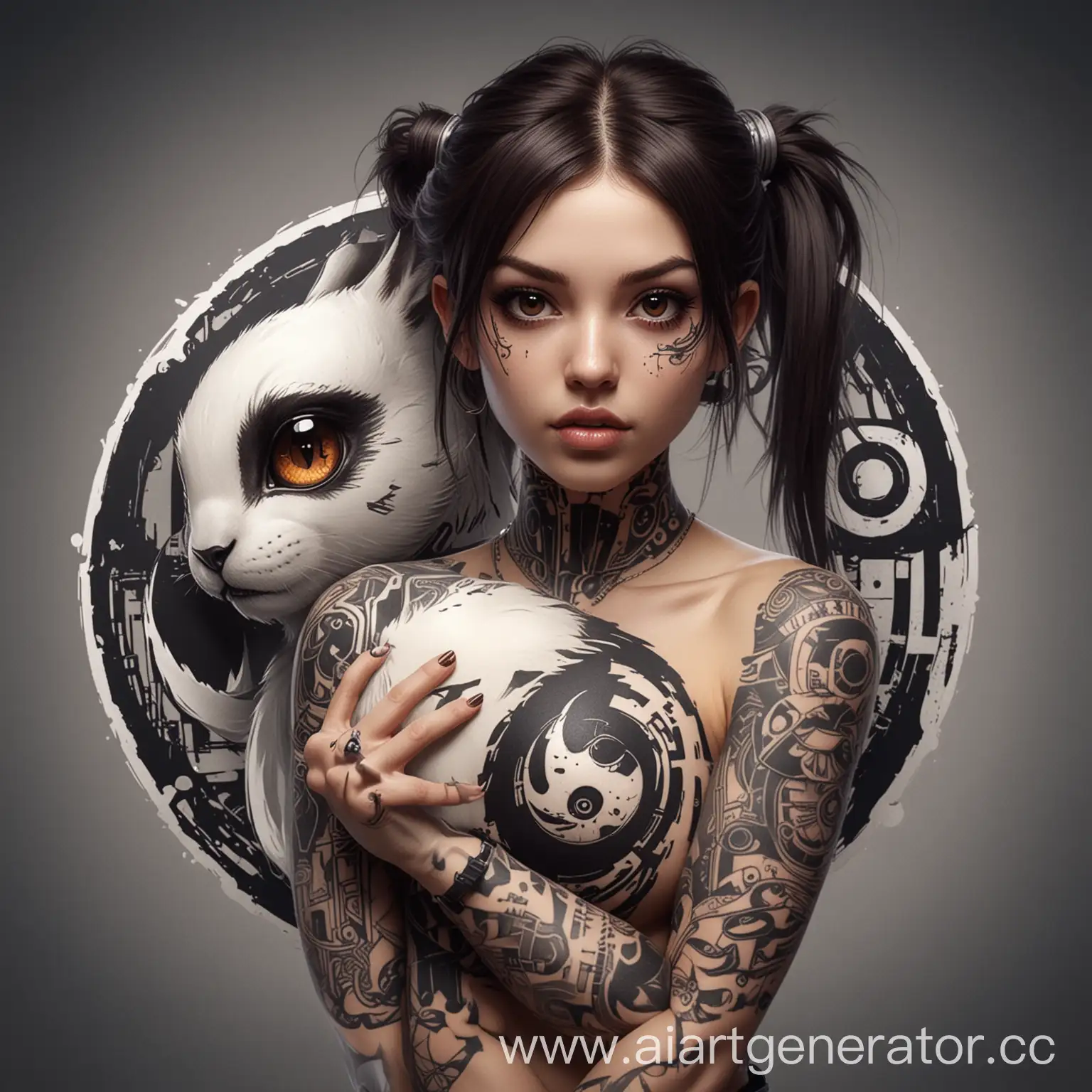 сгенерируй картинку с девочкой под ником BunsBun в стиле киберпанка с татуировкой инь янь , коричневыми глазами  и темными волосами