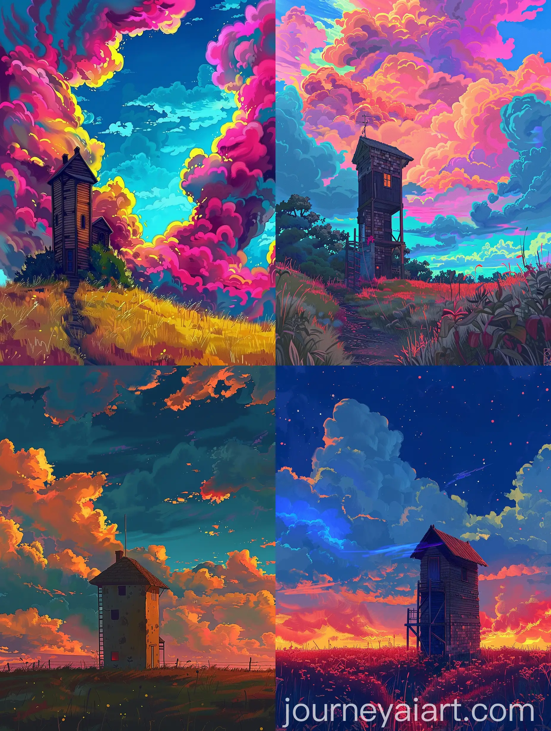 Studio Ghibli Anime style realistic Digital drawing of a small tall house in the middle of field, Artistic clouds on the sky, Realistic ,Neon Colour clouds
