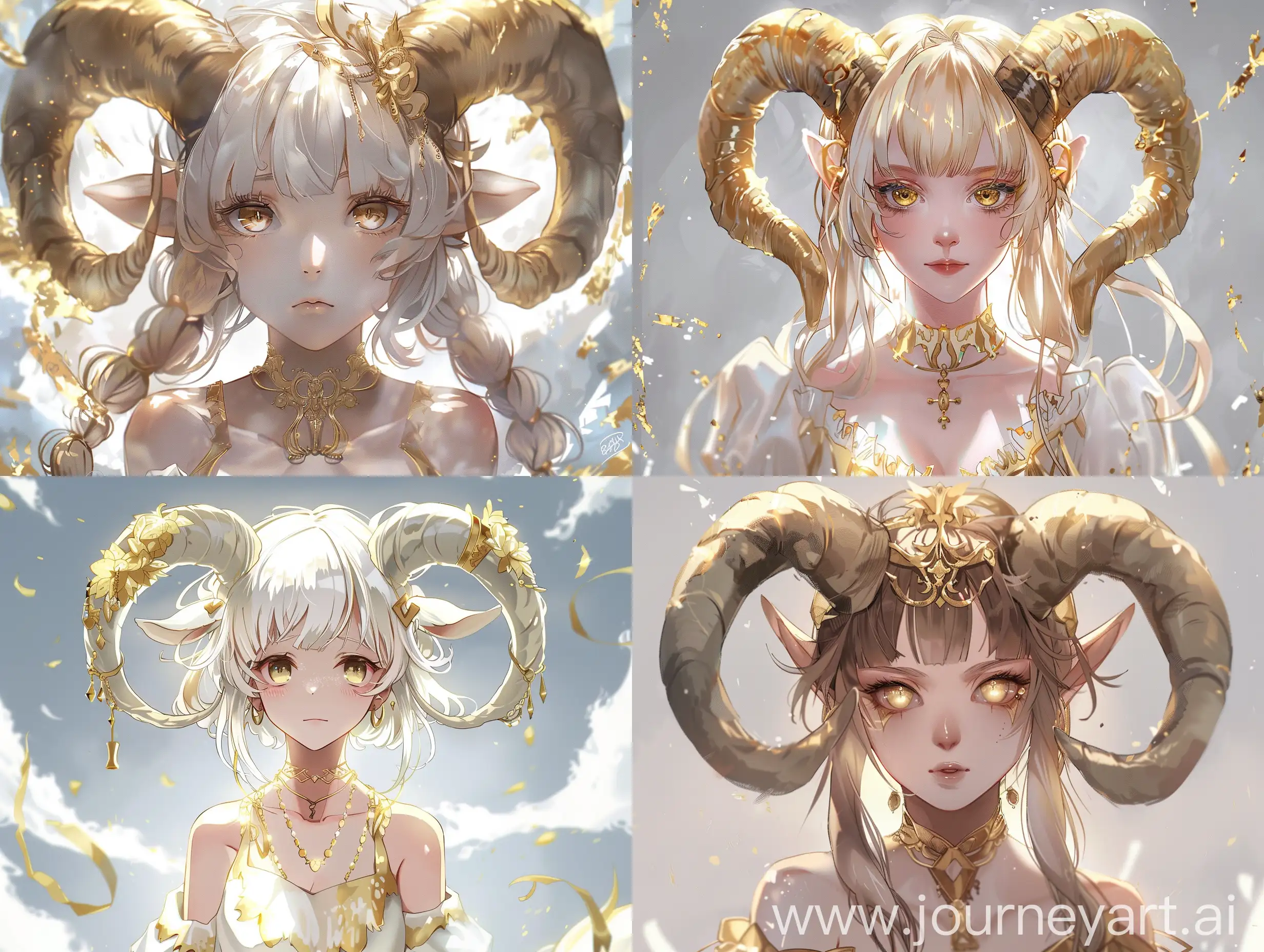 Anime, 1 girl, humanization of a goat, good hair, gold elements, two horns, best quality, gold and white elements