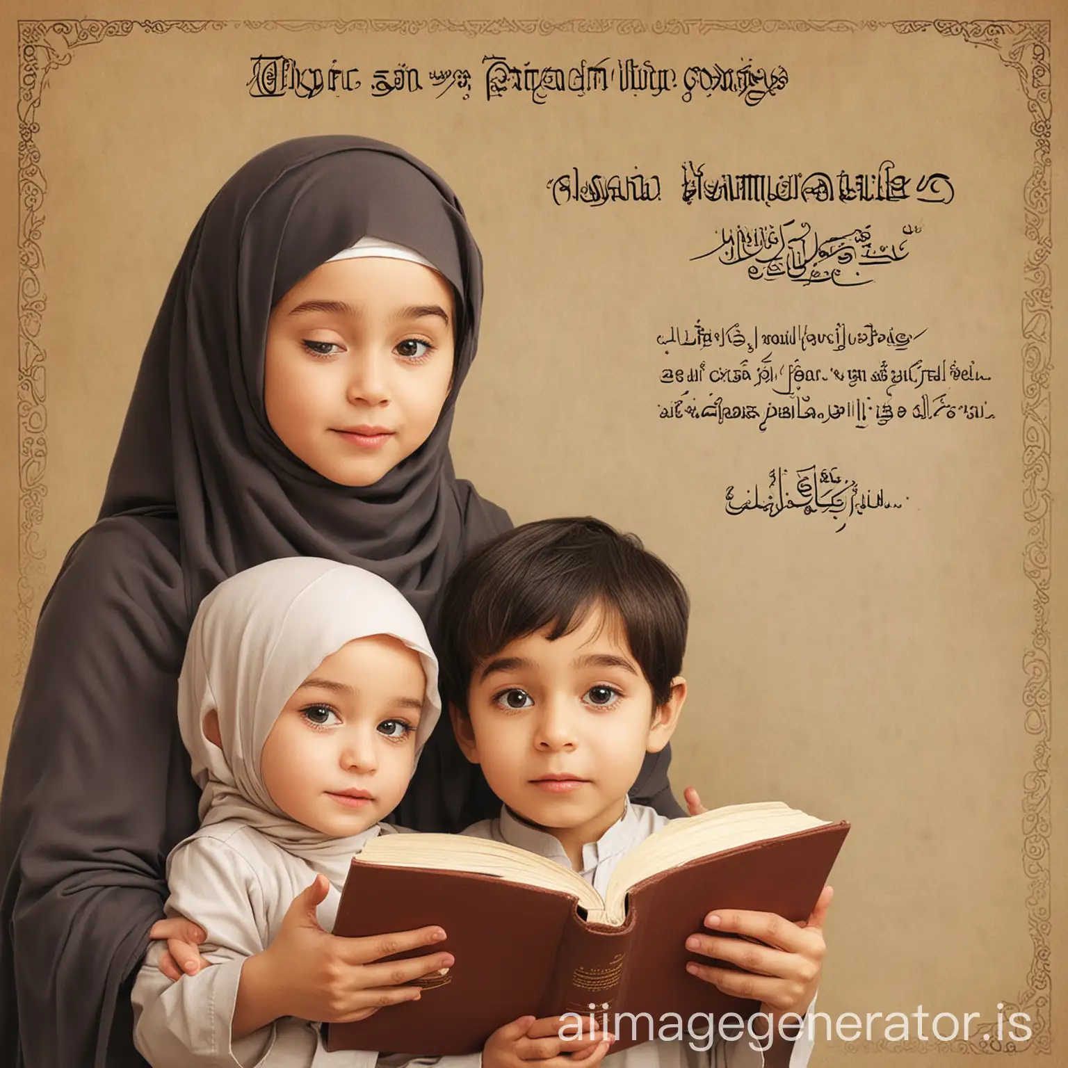 title 3P : Islamic Parenting with Patience and Prayer
for a cover page of a book. 2 boy 1 girl