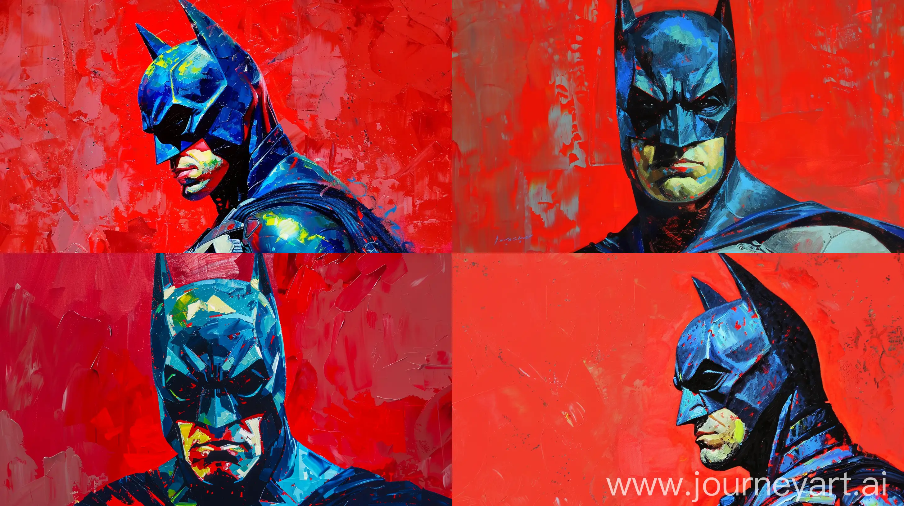 oil painting of batman in van gogh style with soft vibrant pastel colors with red background --ar 16:9