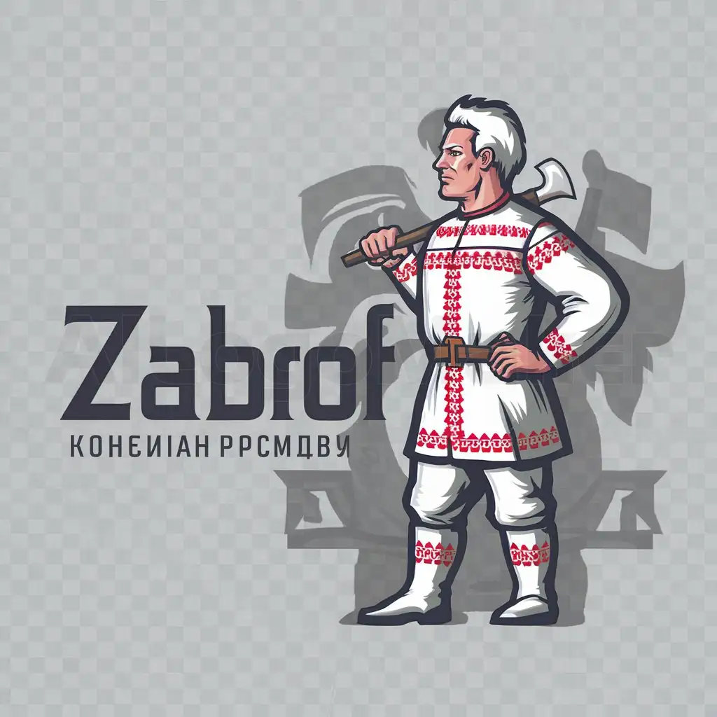a logo design,with the text "zabrof", main symbol:Man in Slavic appearance in old Russian clothing of white color and red patterns holds a small ax on his shoulder stands in profile,Moderate,clear background