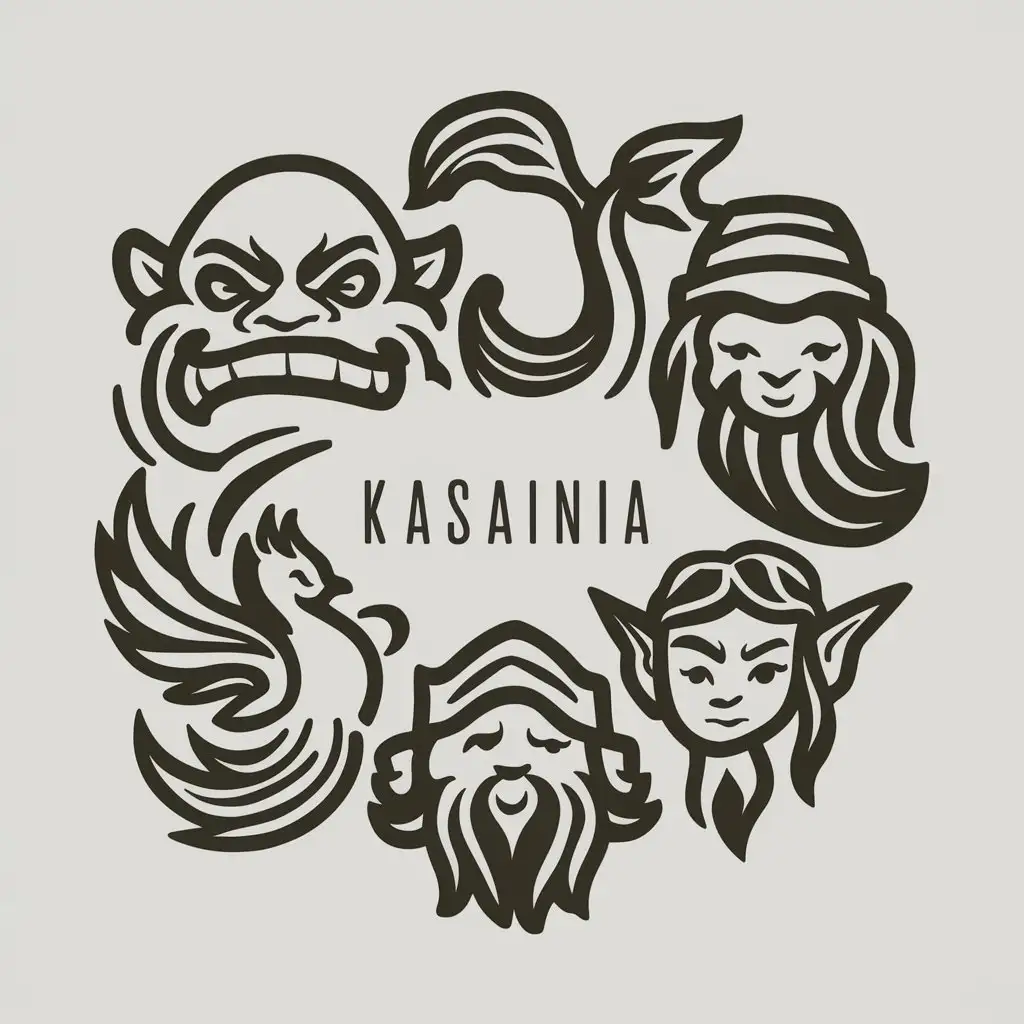round logo with only one black and white symbol (NOT REALISTIC) of each : ogre, mermaid, dwarf, phœnix and elf 

Kasainia as a title in the center


