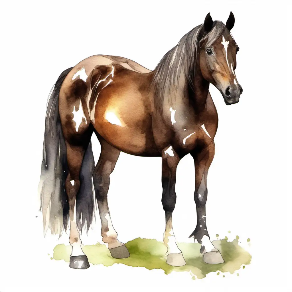 generate a hand painted watercolour clip art on a white background. Of a dark brown connemara horse, with a shiny coat, and a star shaped white mark on its forehead. The horse is relaxed, standing, and has its ears pricked.