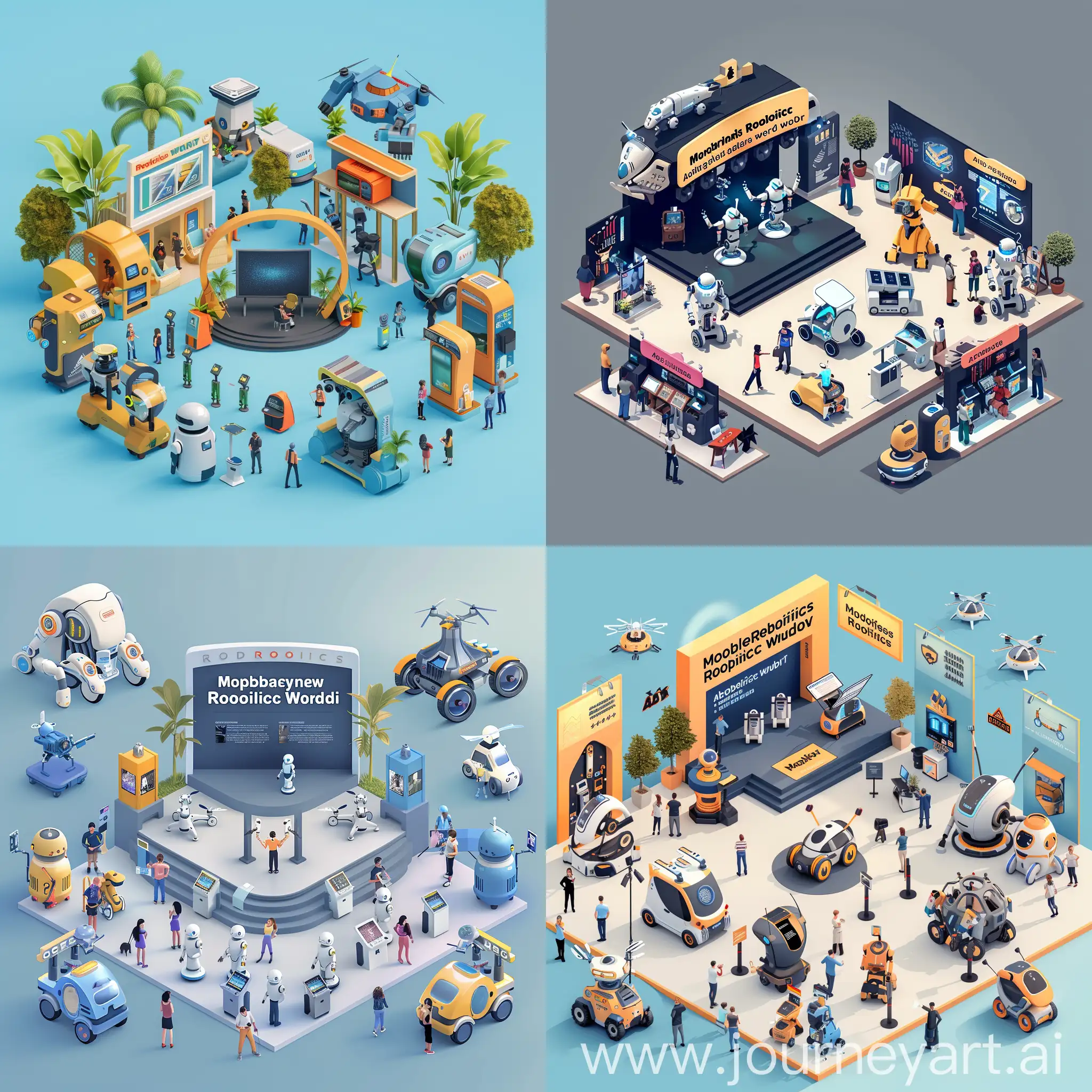Create a 3d illustration image of Mobile robotics such as drones, Collaborative robots, industrial automation robots, pet robots, mobility assistant robots, housekeeper robots, robot dogs, military robots in the theme park(actually, it's exhibition hall). A small stage is set up in the center of the park to announce and publicize new robots, and people gather at each booth surrounding the stage to freely experience various robots. manly use these color HEX #41127c, #913e72, #fb8561, name is "Mobile Robotics World"
