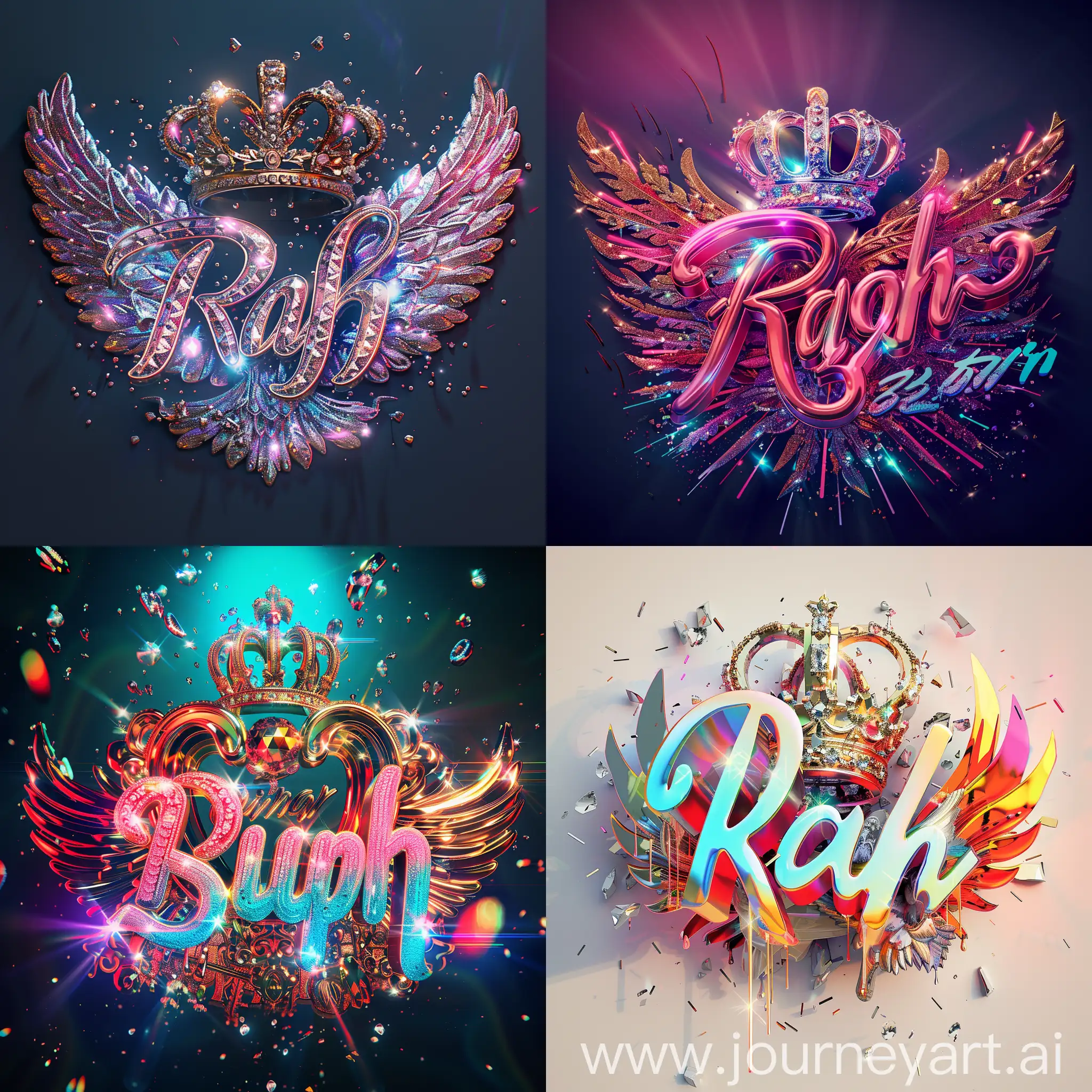 Elegant 3D typography with the name. " Raph " with an elegant crown and fine diamonds with sparkles of bright colors and angel wings, photo, typography, vibrantv0.1, graffiti, illustration, photo, product, fashion, poster