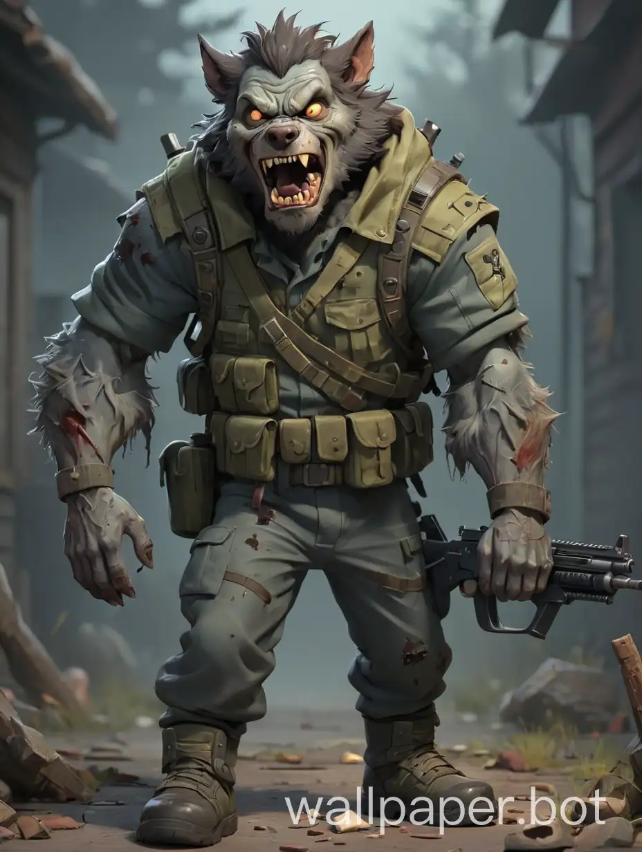 2D cartoon, zombie Werewolfs, in Various Poses, full body, spetsnaz soldier grimy clothes with boots and helmet, with a machine gun