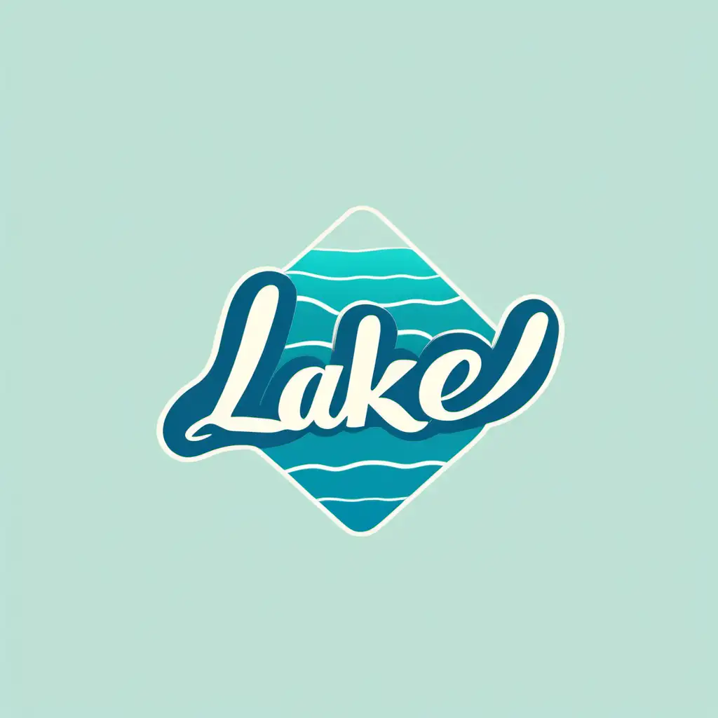 create a rectangular minimal logo with a desert, cactus, lake, using pastel shades of blue, beige and the word {{Lake}} in simplistic cursive 