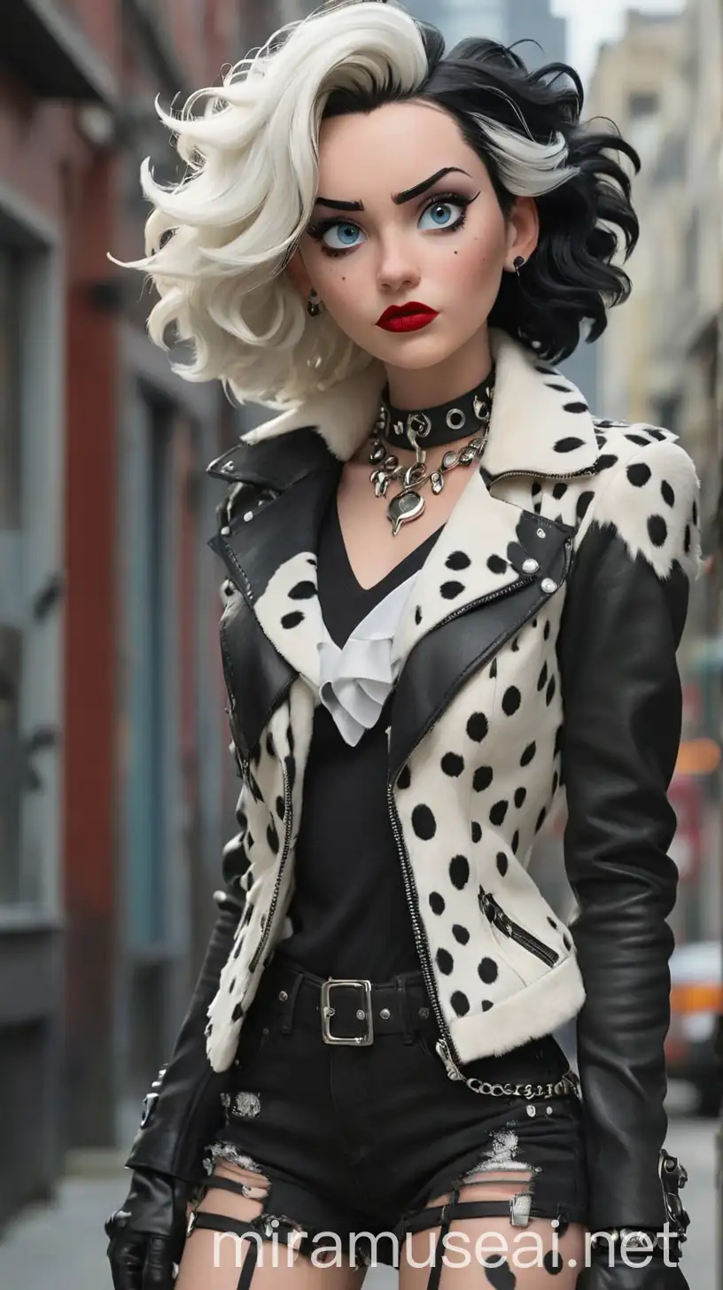 Teenage Cruella De Vil is a striking figure with her pale complexion, sharp features, and piercing blue eyes that seem to hold a hint of mischief and danger. Her hair, dyed in a bold two-toned black and white Cruella signature style, is styled into dramatic waves that frame her face like a work of avant-garde art. For her outfit, Cruella chooses a fitted black leather jacket adorned with silver studs and spikes, paired with skinny jeans ripped at the knees for a punk rock edge. Underneath, she wears a sleek white blouse with a high collar, adding a touch of sophistication to her rebellious look. To incorporate her love for Dalmatians, Cruella accessorizes with statement pieces such as a chunky black and white faux fur scarf and a pair of fingerless gloves adorned with Dalmatian spot patterns. Around her neck, she wears a bold red choker with a Dalmatian pendant, adding a pop of color to her ensemble. On her feet, she rocks a pair of black combat boots with silver buckle detailing, perfect for stomping around the school hallways with confidence. Her makeup is dramatic, with smokey black eyeshadow, winged eyeliner, and a bold red lip that demands attention. Despite her edgy appearance, Teenage Cruella De Vil exudes an air of old Hollywood glamour and high fashion elegance, blending elements of punk rock couture with femme fatale allure. She is a modern-day iconoclast, unafraid to push boundaries and make a statement with her bold sense of style.