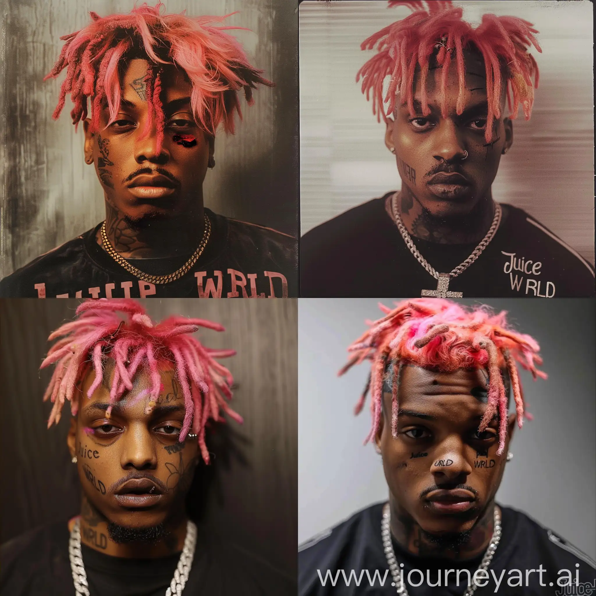 A Mugshot of “Juice WRLD” with pink hair,and a bruised eye