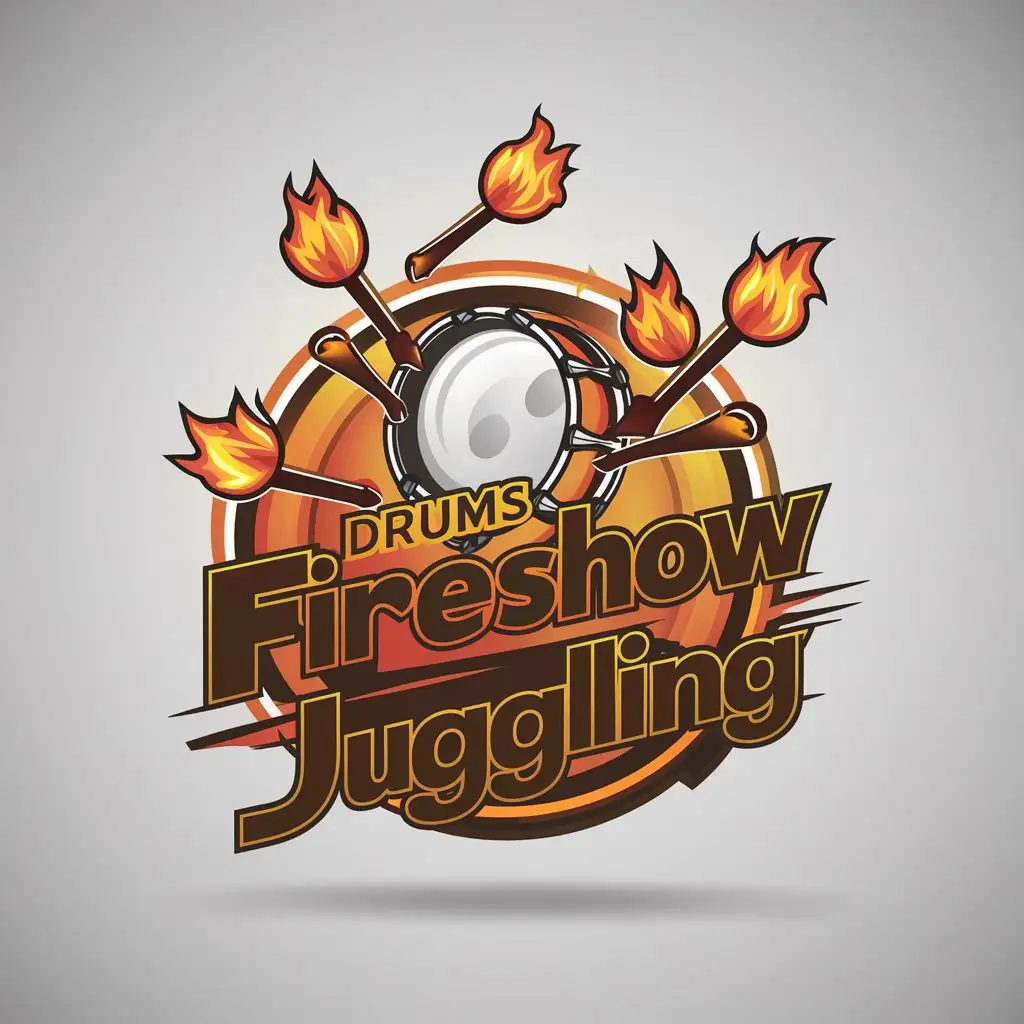 a logo design,with the text 'Drums fireshow juggling', main symbol:a drum, juggling clubs, Fireshow,complex,be used in culture,clear background