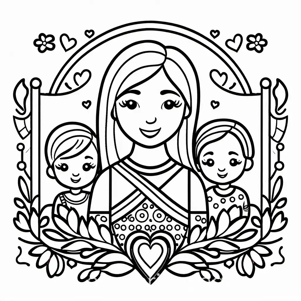 Mother's Day , Coloring Page, black and white, line art, white background, Simplicity, Ample White Space. The background of the coloring page is plain white to make it easy for young children to color within the lines. The outlines of all the subjects are easy to distinguish, making it simple for kids to color without too much difficulty