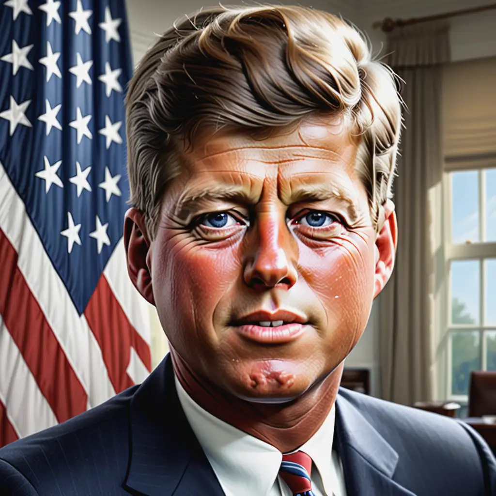 Create a detailed and lifelike portrait of John F. Kennedy, the 35th President of the United States. The portrait should capture his iconic and charismatic demeanor. Kennedy should be depicted in a dignified pose, wearing a classic suit and tie, characteristic of his presidential attire. His facial features should reflect his youthful charm, with a warm smile and piercing eyes that convey both strength and empathy. Include subtle details such as his neatly combed hair and perhaps a faint hint of the Oval Office or an American flag in the background to signify his presidency. The color palette should be elegant and presidential, with shades of navy blue, white, and subtle hints of red.

Details to include:

John F. Kennedy in a dignified pose
Classic suit and tie, typical of his presidential attire
Youthful charm with a warm smile and piercing eyes
Subtle background details: Oval Office or American flag
Color palette: shades of navy blue, white, and hints of red