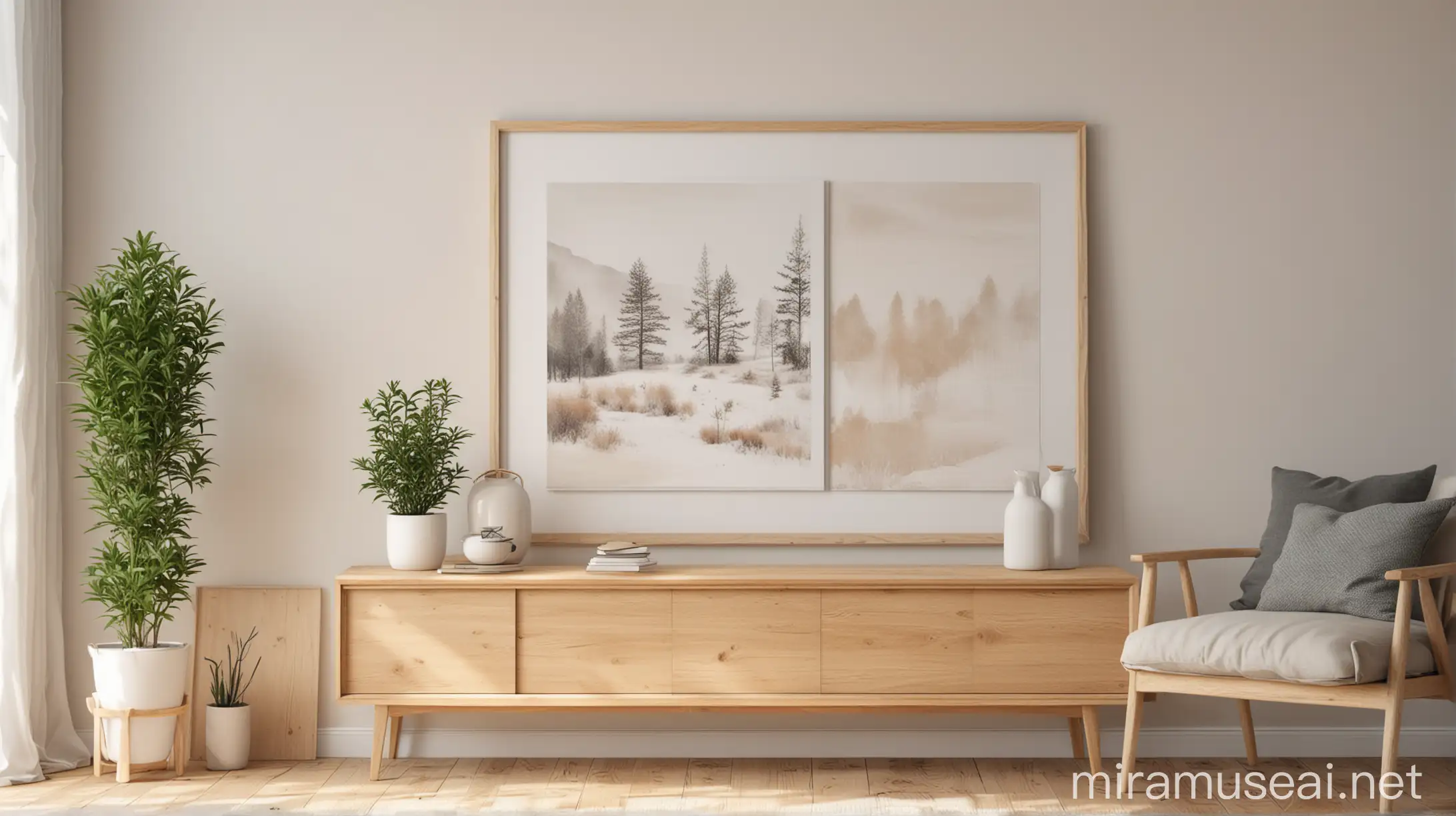 A mockup frame placed on a shelf in a Scandi-style living room, showcasing a blank white canvas for showcasing artwork or designs. The room is decorated with light wood furniture, neutral tones, and pops of vibrant color.