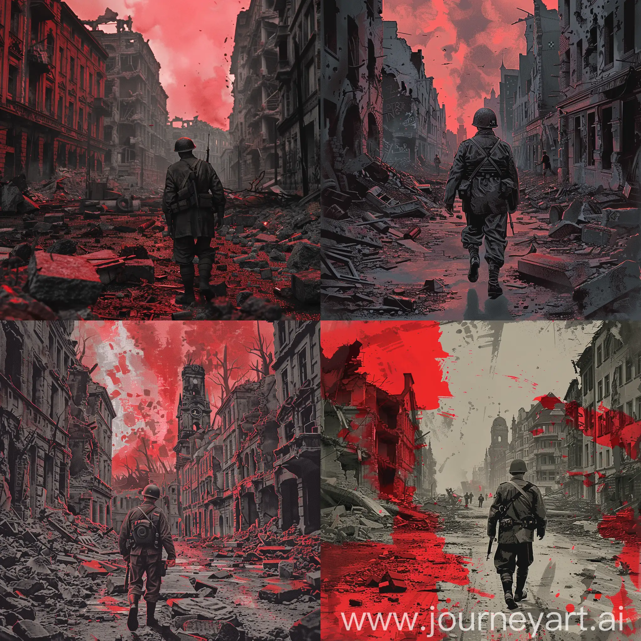 Show a German soldier walking through the ruined streets of Germany from the WW2 era, using red and gray colors to show the scary and sad atmosphere in the picture.