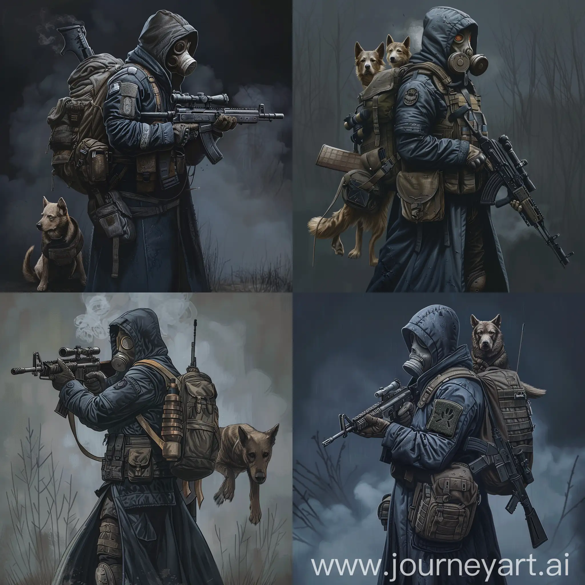 Digital design art a mercenary from the universe of S.T.A.L.K.E.R., dressed in a dark blue military raincoat, gray military armor on his body, a gasmask on his face, a military backpack on his back, a rifle in his hands, without dogs.