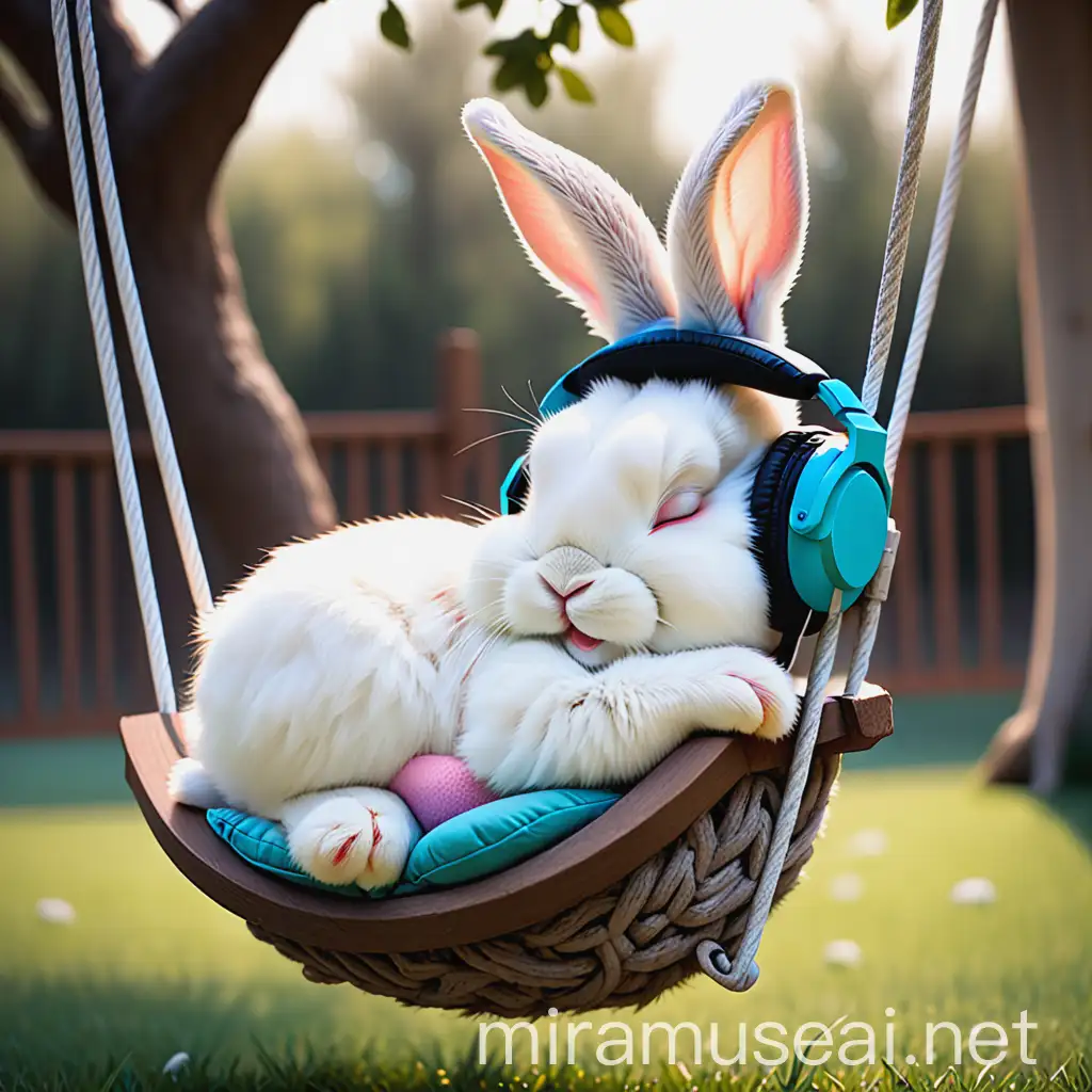 cute bunny sleeping on a swing wearing headphones