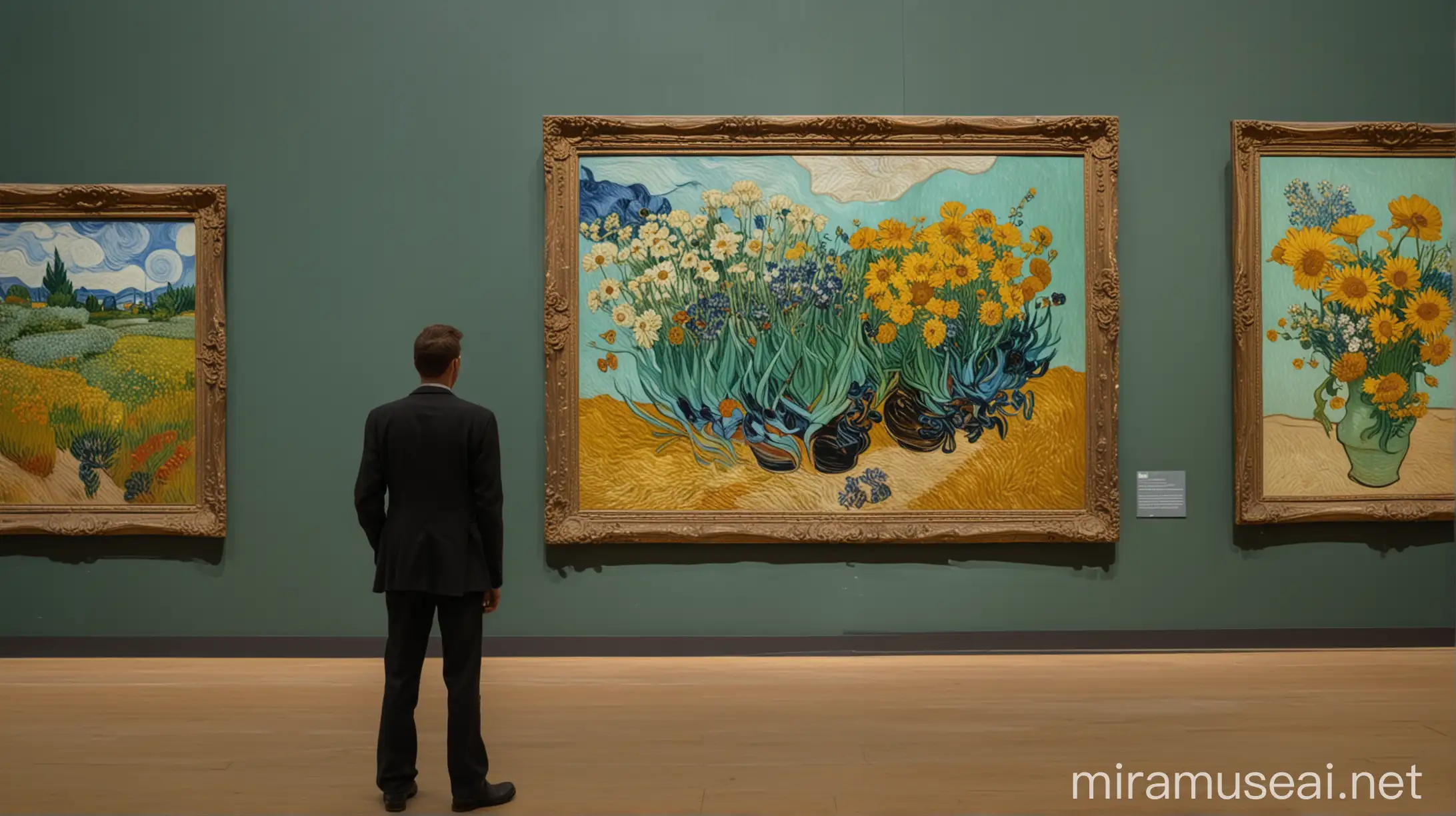 Man Admiring Van Gogh Flower Paintings in Museum Gallery