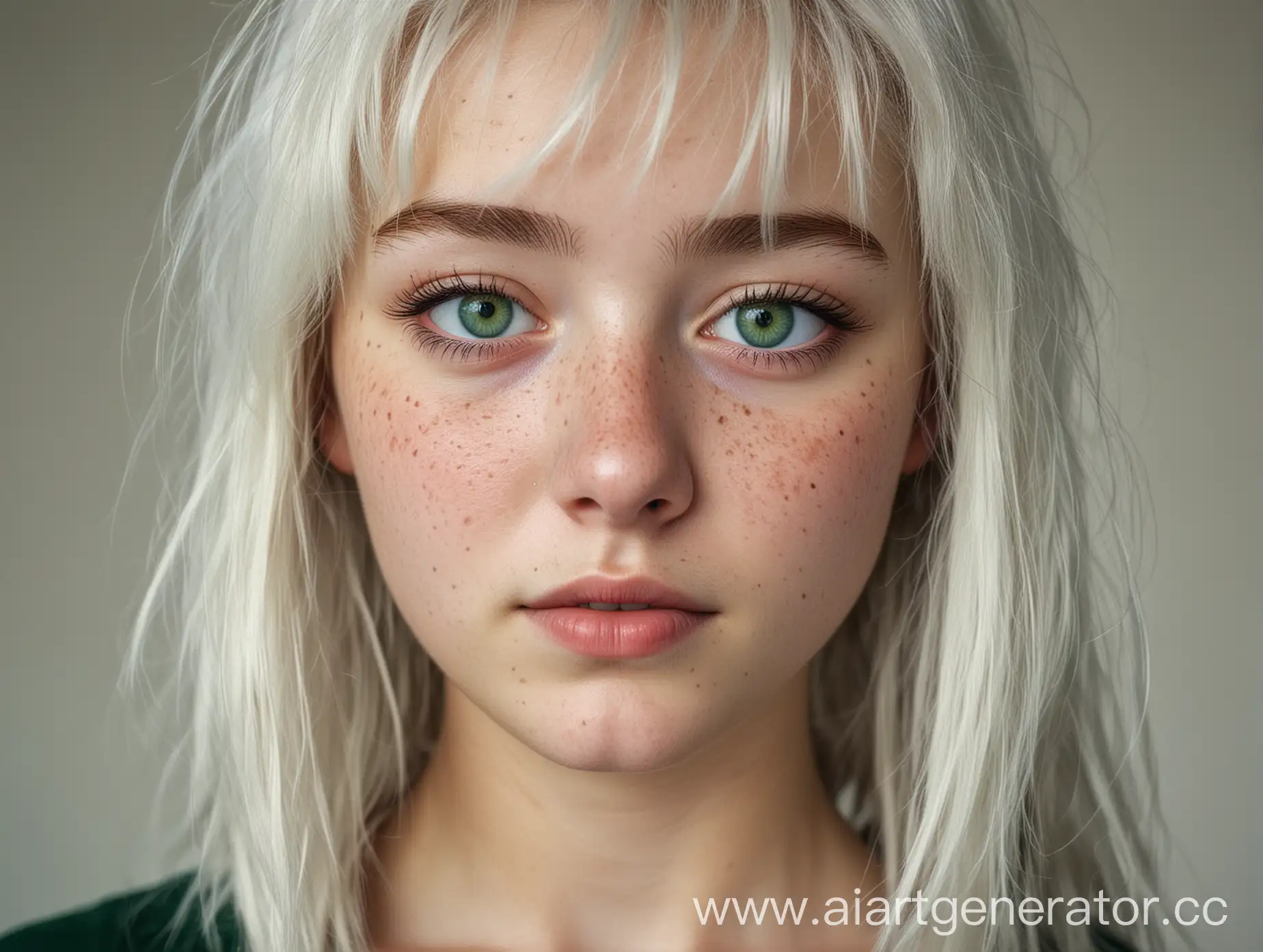 Девушка с белыми волосами, 17лет ,веснушками, зелеными глазами,  круглым лицом, с челкай