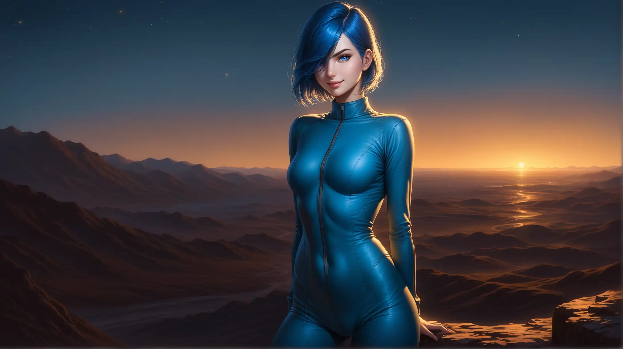 Draw a woman, short blue hair covering one eye, blue eyes, slender figure, high quality, realistic, accurate, detailed, long shot, night lighting, outdoors, outfit inspired from Fallout, seductive pose, smiling at the viewer