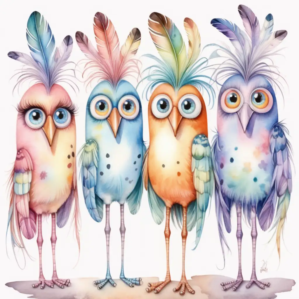 3 tokiga, lite galna, fåniga , glada, pastellfärger, fåglar med långa ben, stora ögon, långa fjädrar med vattenfärg