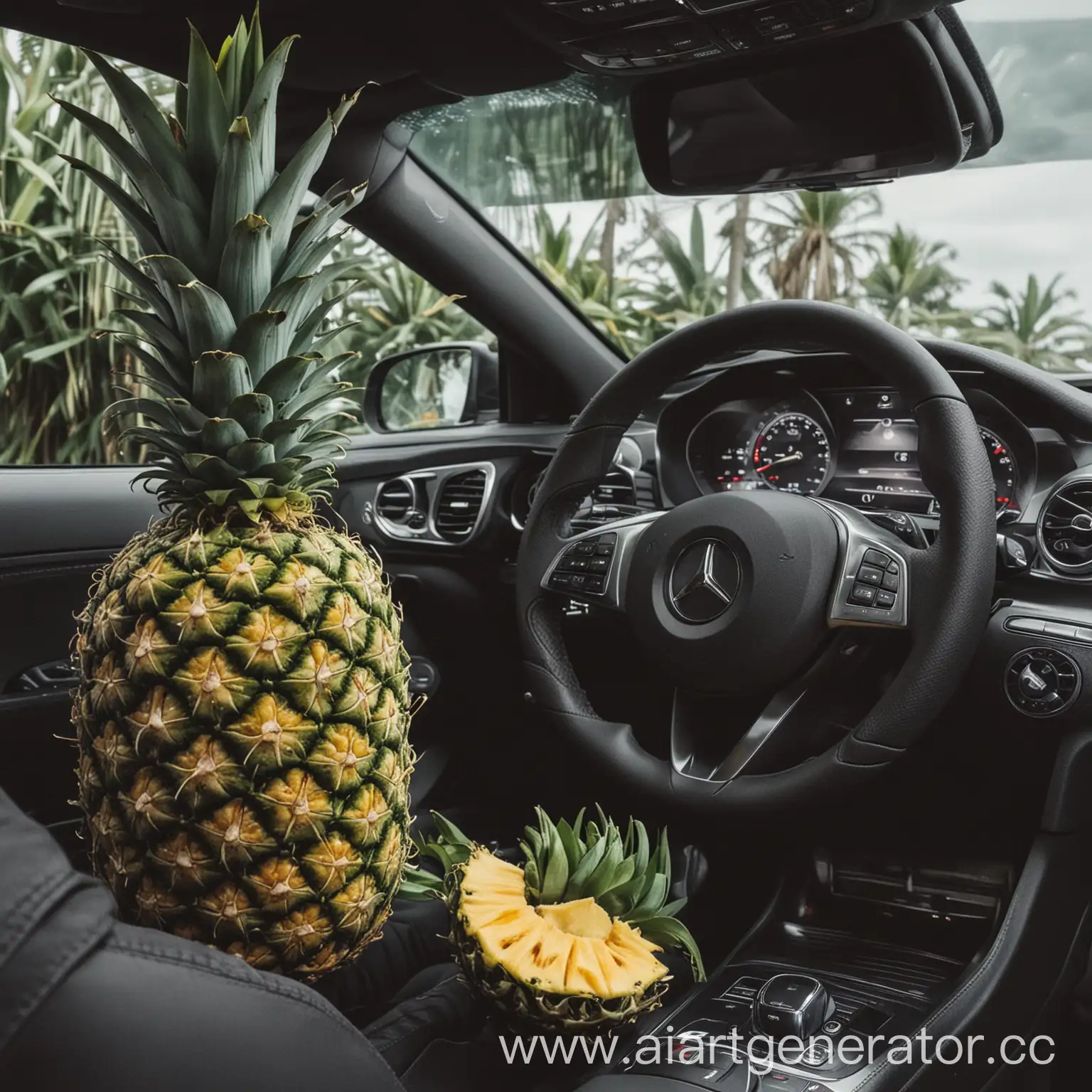 Black-Mercedes-CLA-with-Pineapple-at-the-Wheel