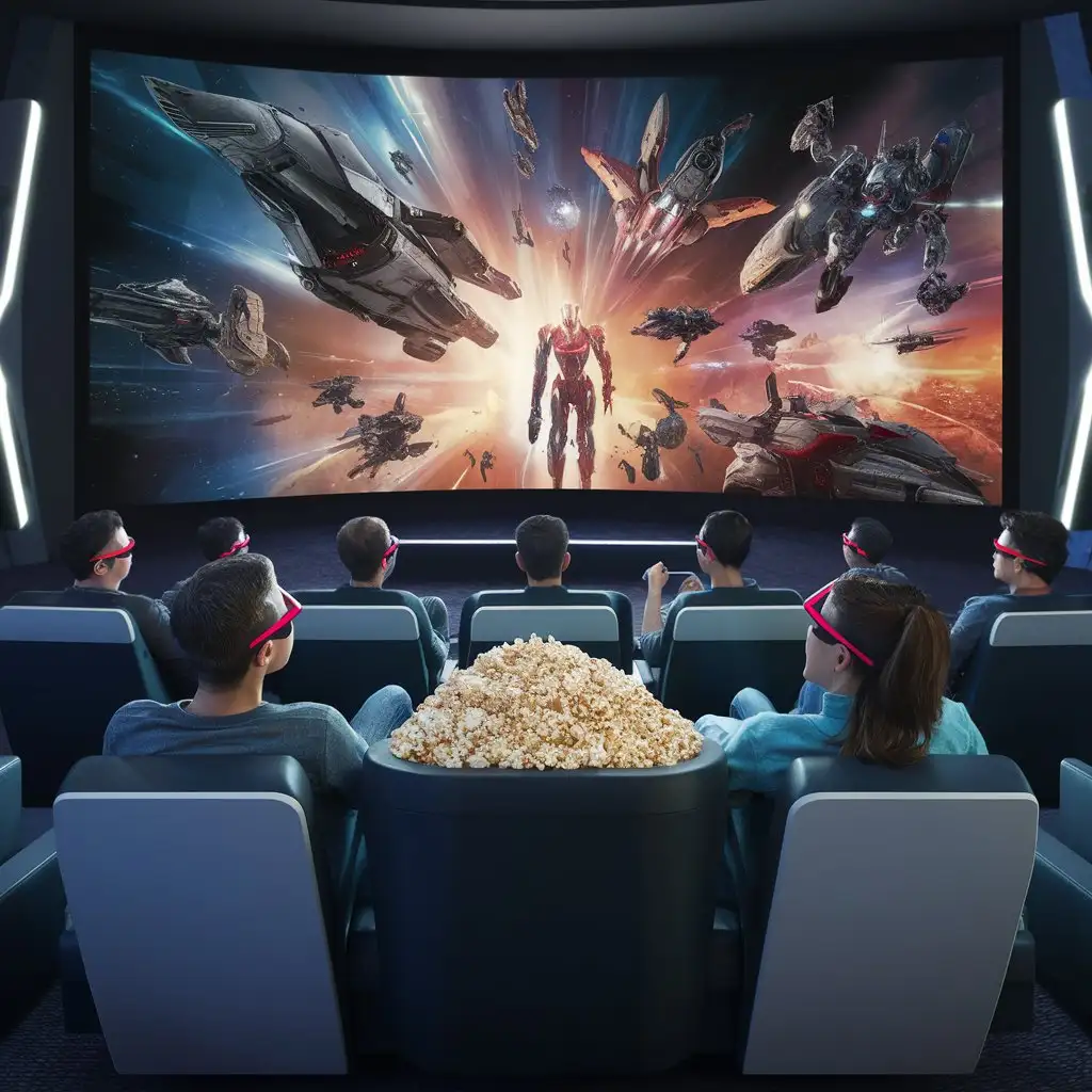 люди с попкорном смотрят кино в кинотеатре будущего