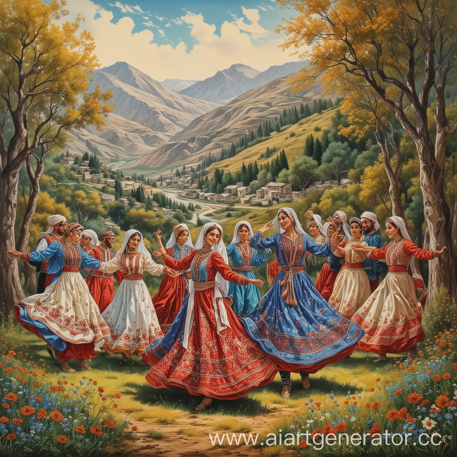 народный азербайджанский танец, где мужчины и женщины танцуют на фоне природы, сказочная рисовка