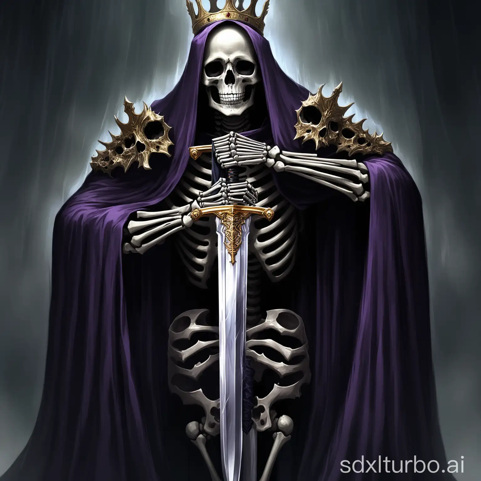 dark emperor skeleton king holds sword half covers face