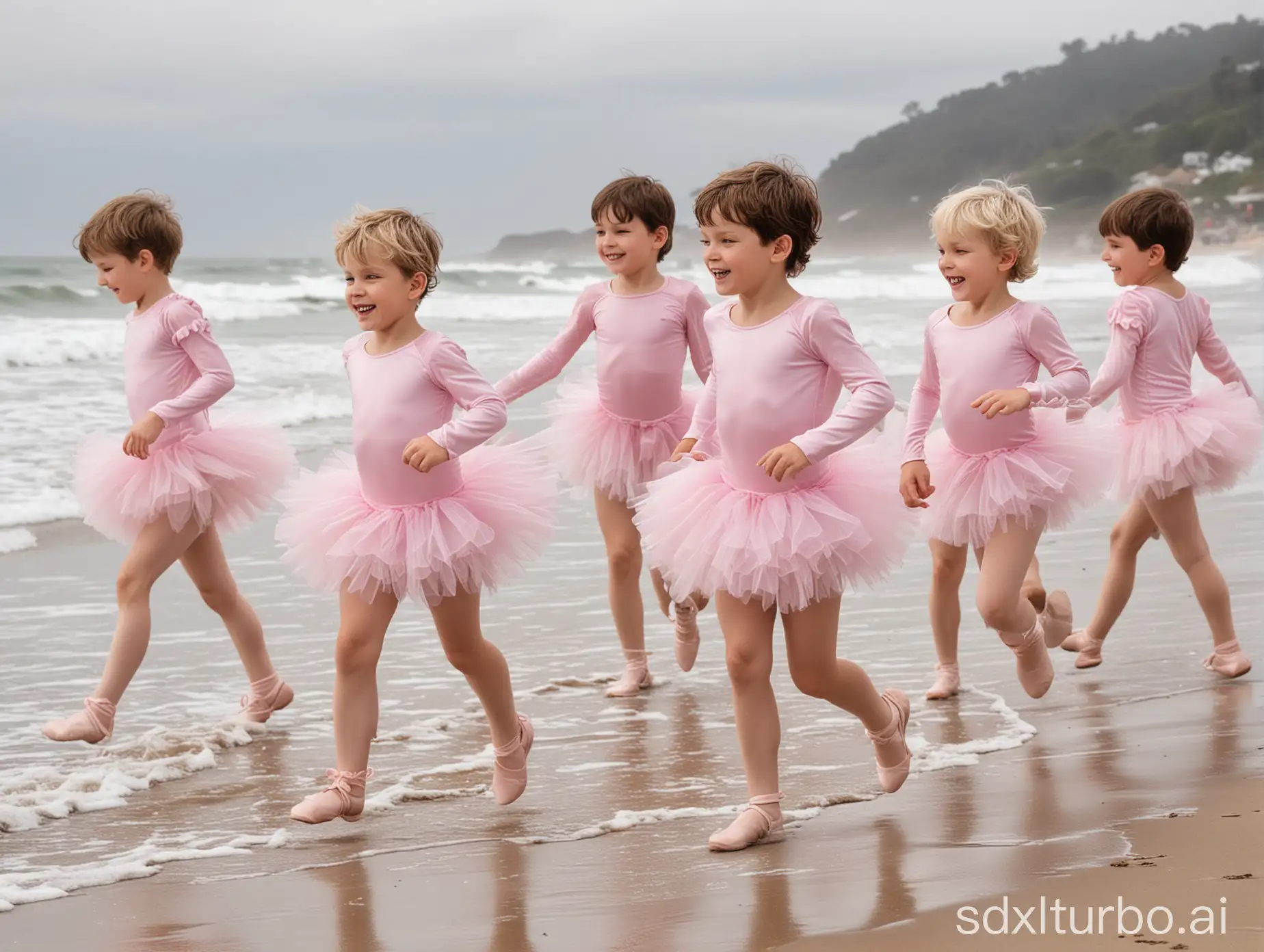 (((Gender role reversal)))), A bunch of short-haired 8-year-old boys running along a beach shoreline in silky pink ballerina leotards with sleeves and frilly tutus for charity, energetic