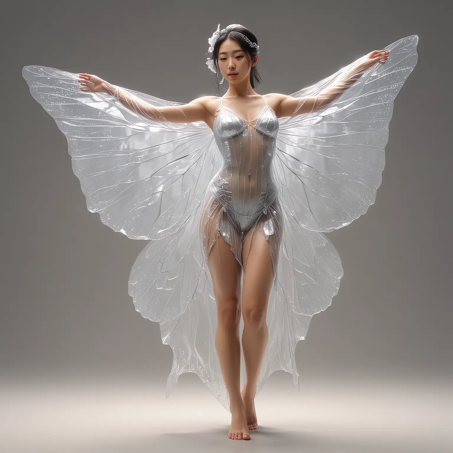 sculpture, acrylic material, realistic, biological light, ray tracing, high-definition, high-precision, high-detail, sexy Japanese woman, sheer clothing like a butterfly's wing, barefoot, headscarf, liquid-like material, single-colored background, midday, low contrast tone, outline light, volume light, full body