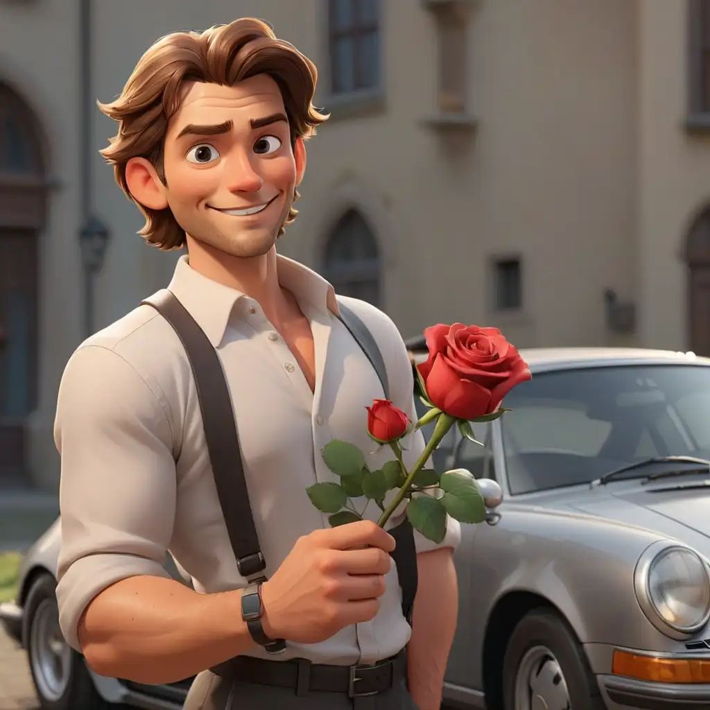 мультяшный красивый сексуальный мужчина альфонс держит розу во руках и сексуально улыбается  на фоне порше 911 3д
