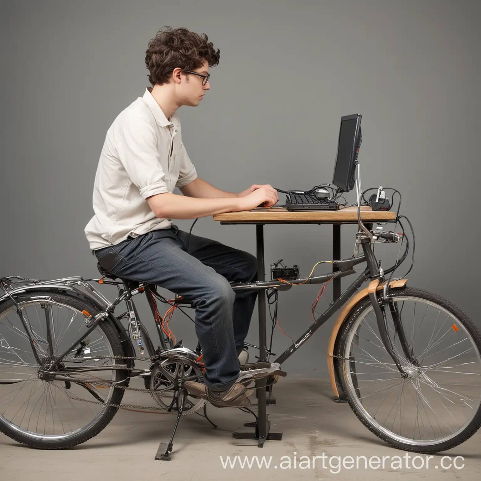 Человек сидит за компьютером, рядом человек крутит педали на велосипеде, велосипед как динамо-машина и вырабатывает электричество, компьютер подключен к велосипеду-динамо-машине и получает от туда электричество.