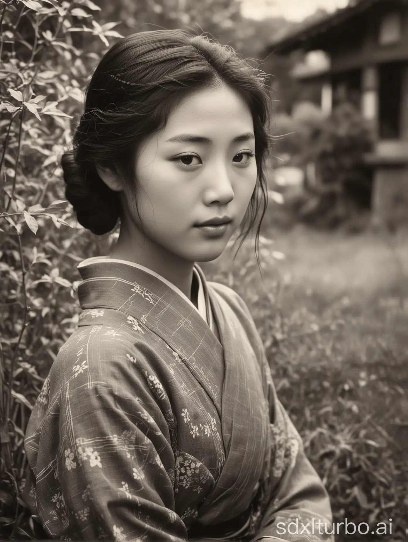 A vintage photograph from 1920, capturing the essence of a beautiful young Japanese woman living in a rural area, with a serene expression on her face, as if she's pondering life's mysteries. The image exudes a sense of nostalgia and tranquility, transporting viewers to an era long past., black and white, photo