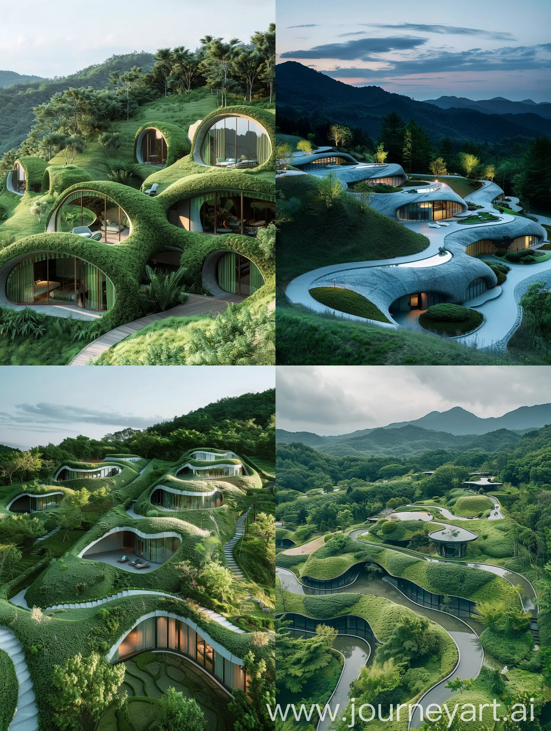 organic resort embed into a series of hills, designed by Ando Tadao, architectural photography, style of archillect, futurism, modernist architecture
