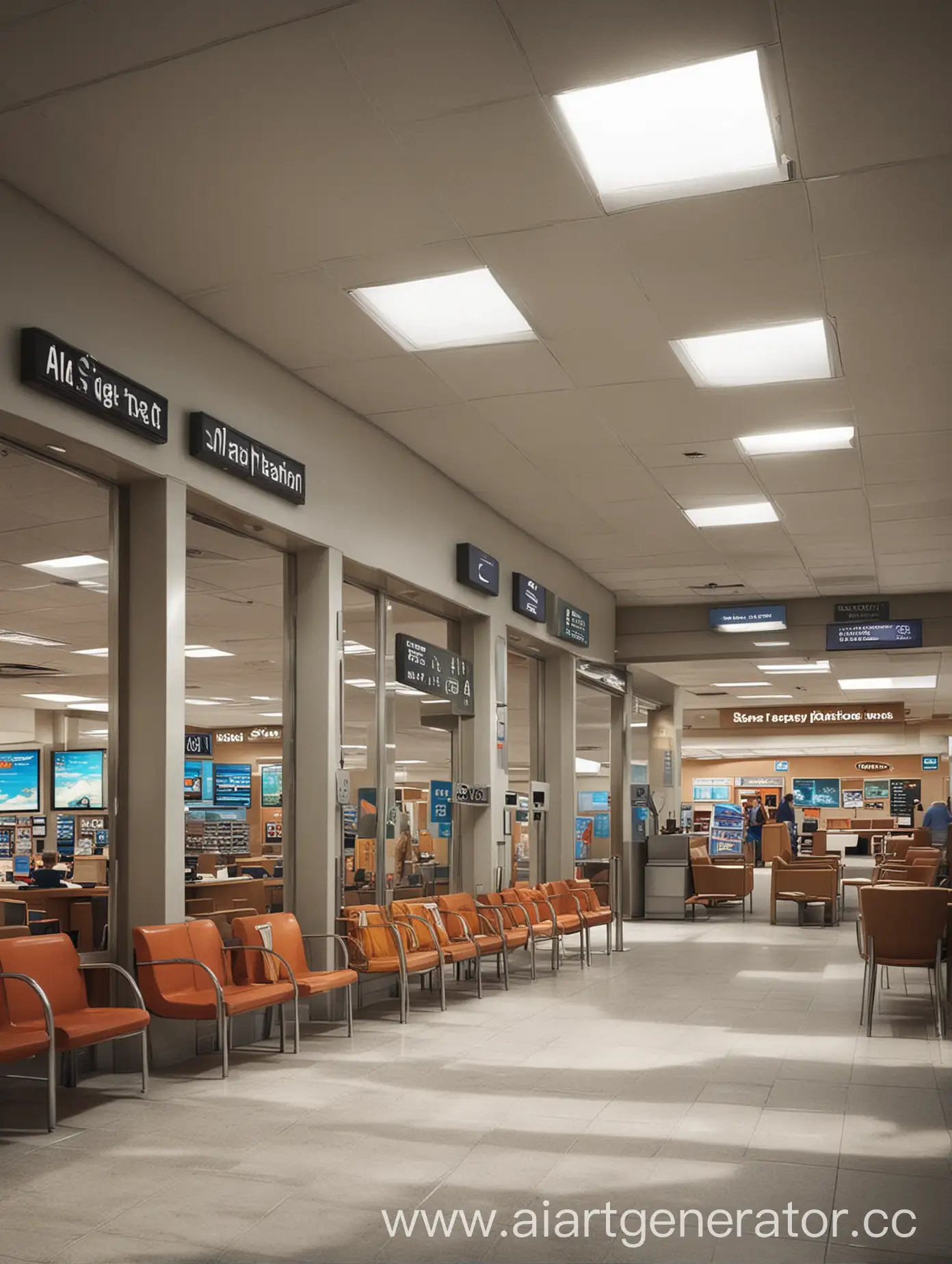 Создай реалистичную картинку зала ожидания в аэропорту .  Что бы там были мини магазинчики, и ещё висят указательные знаки ,
