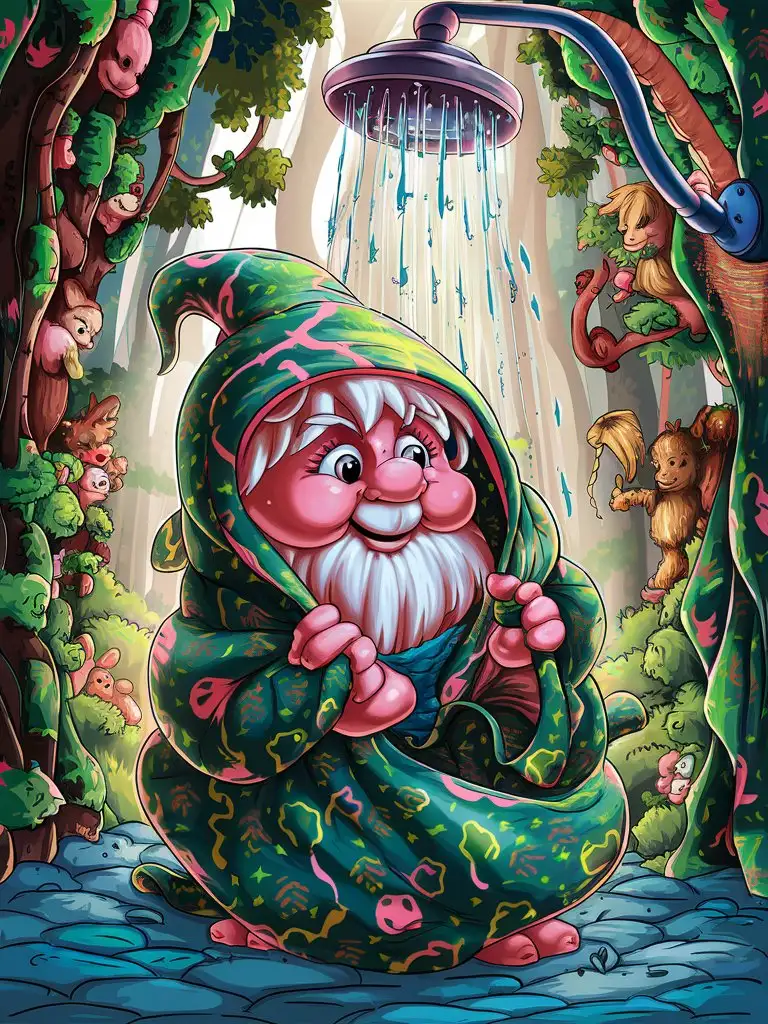 An adorable gnome with a playful expression. Wrapped in a large towel getting ready to shower. Shower Curtain design. Fill screen with design only
