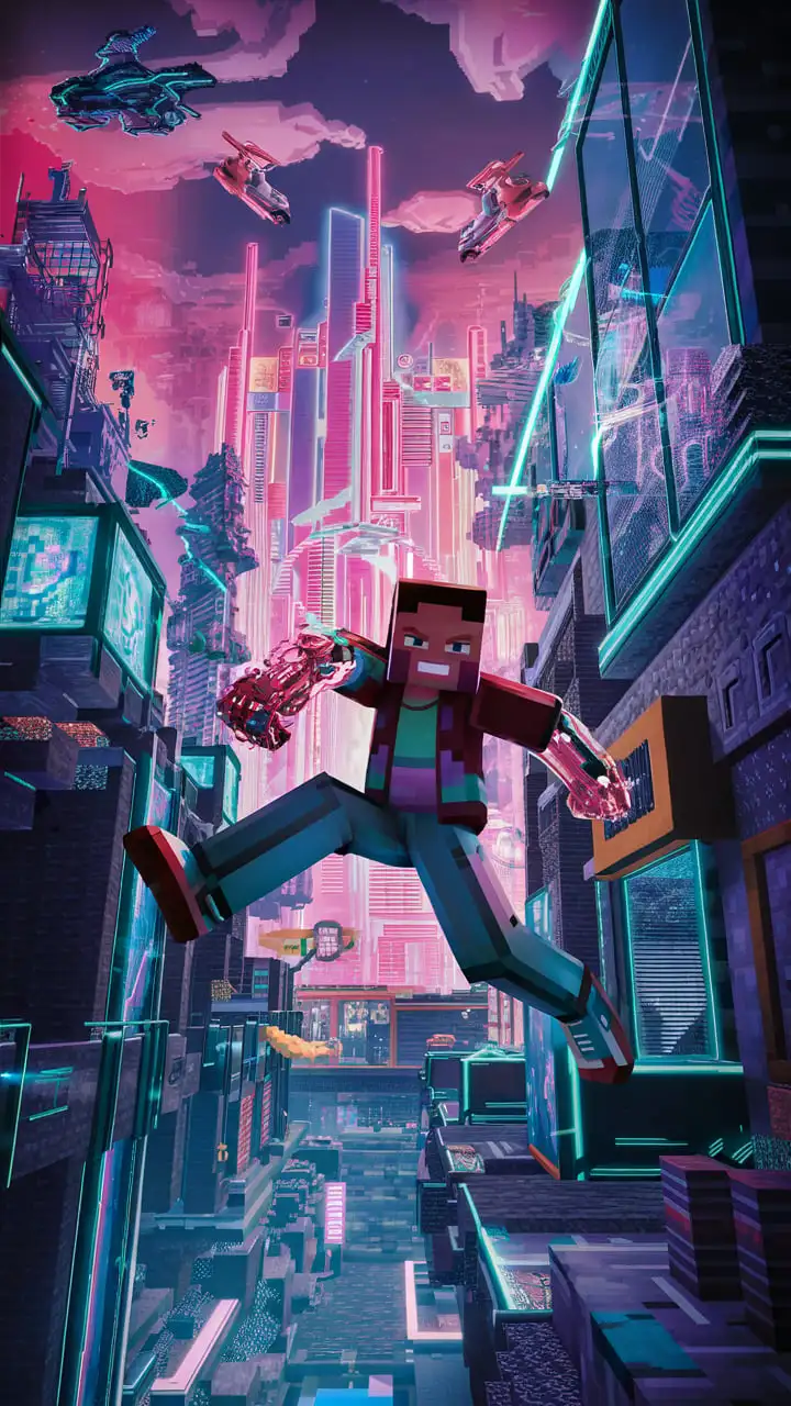 Movie style for the game Minecraft. Cyberpunk themed. 