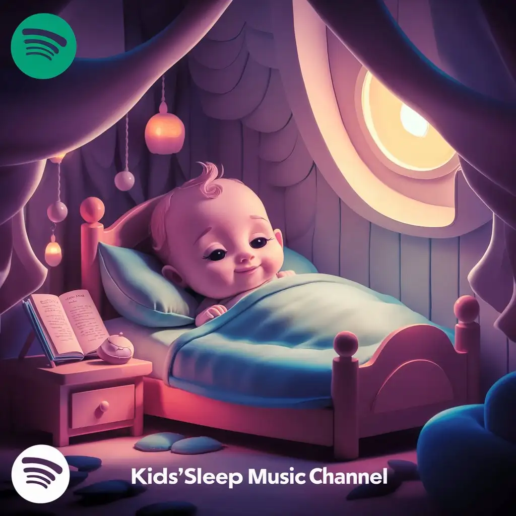 A profile display picture for a kids sleeping music channel on spotify with a cartoon baby sleeping in an ambient lighting inside room