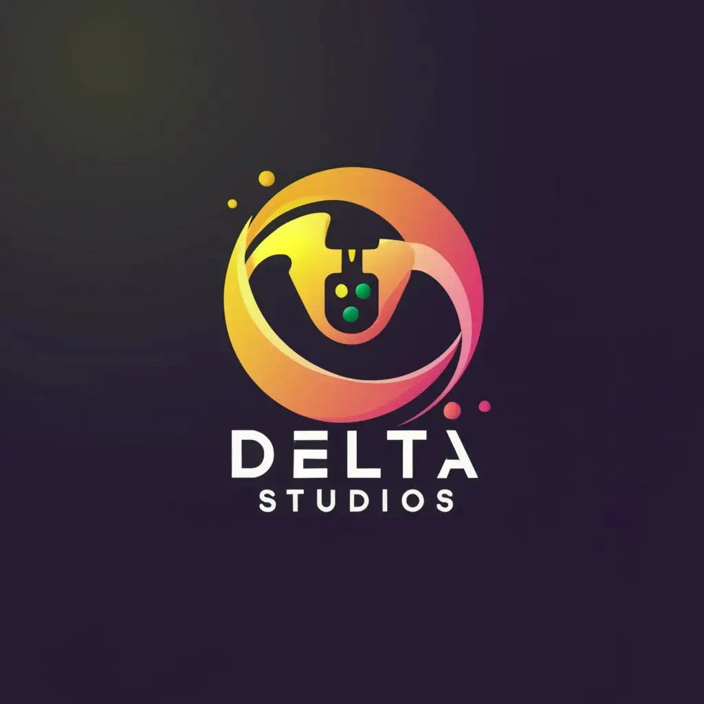 a logo design,with the text "Delta Studios", main symbol:A circle with a skript and controller in it,Moderate,clear background