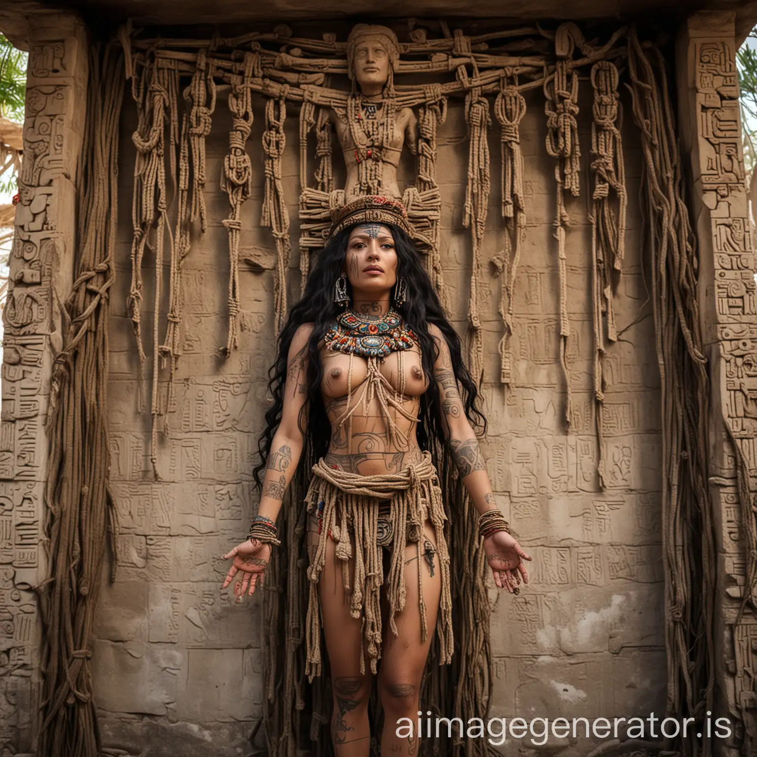 Ixtab mayan goddess of suicide surrounded by spirits with ropes covering her in a temple dedicated to hangmen