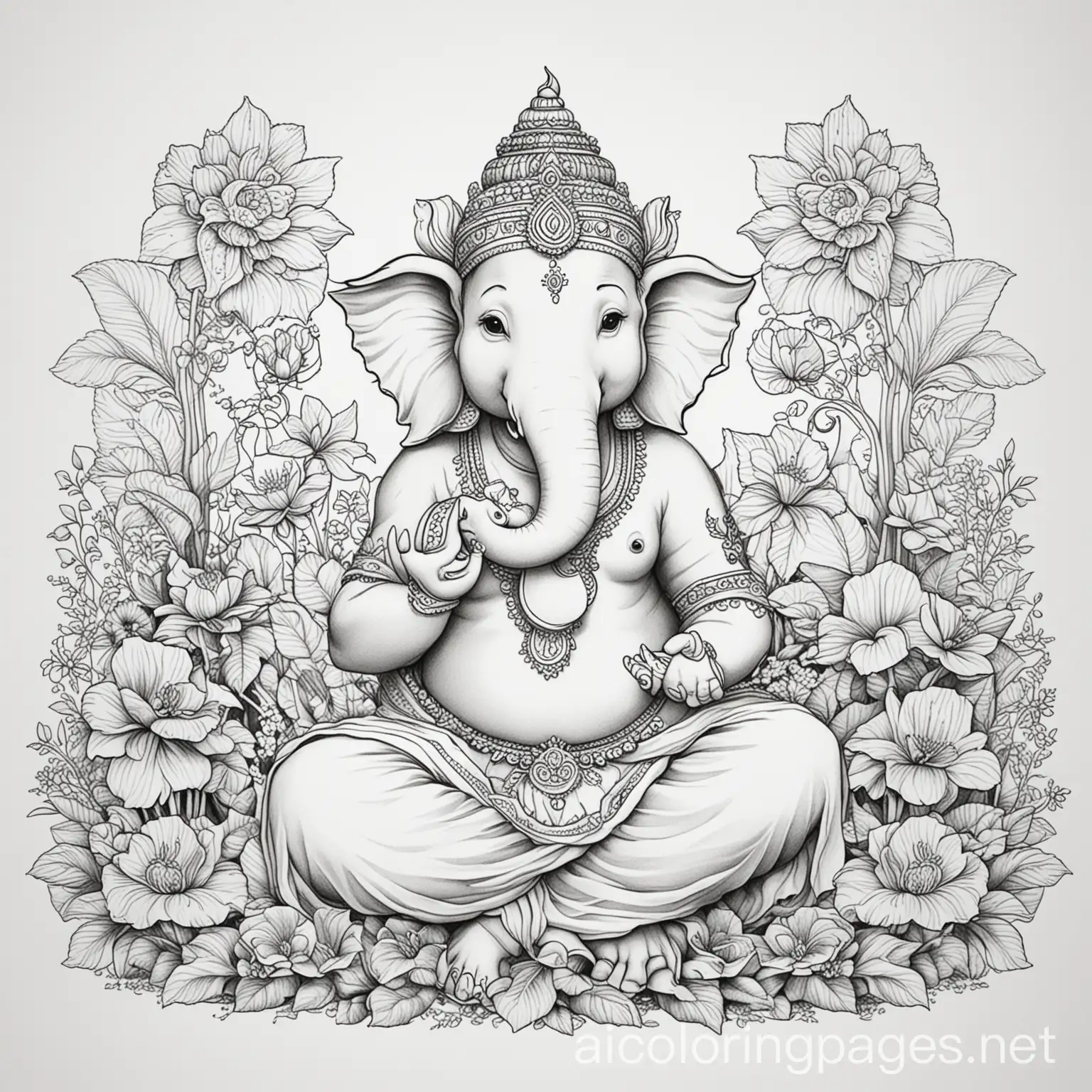 ganesh sitting in a gardenw with flowers around him, Coloring Page, black and white, line art, white background, Simplicity, Ample White Space